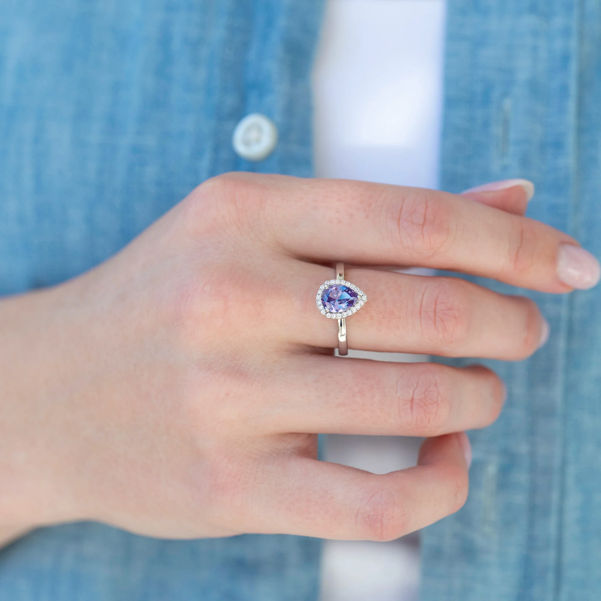Teardrop Alexandrite Engagement Ring in 14K White Gold - Image 2
