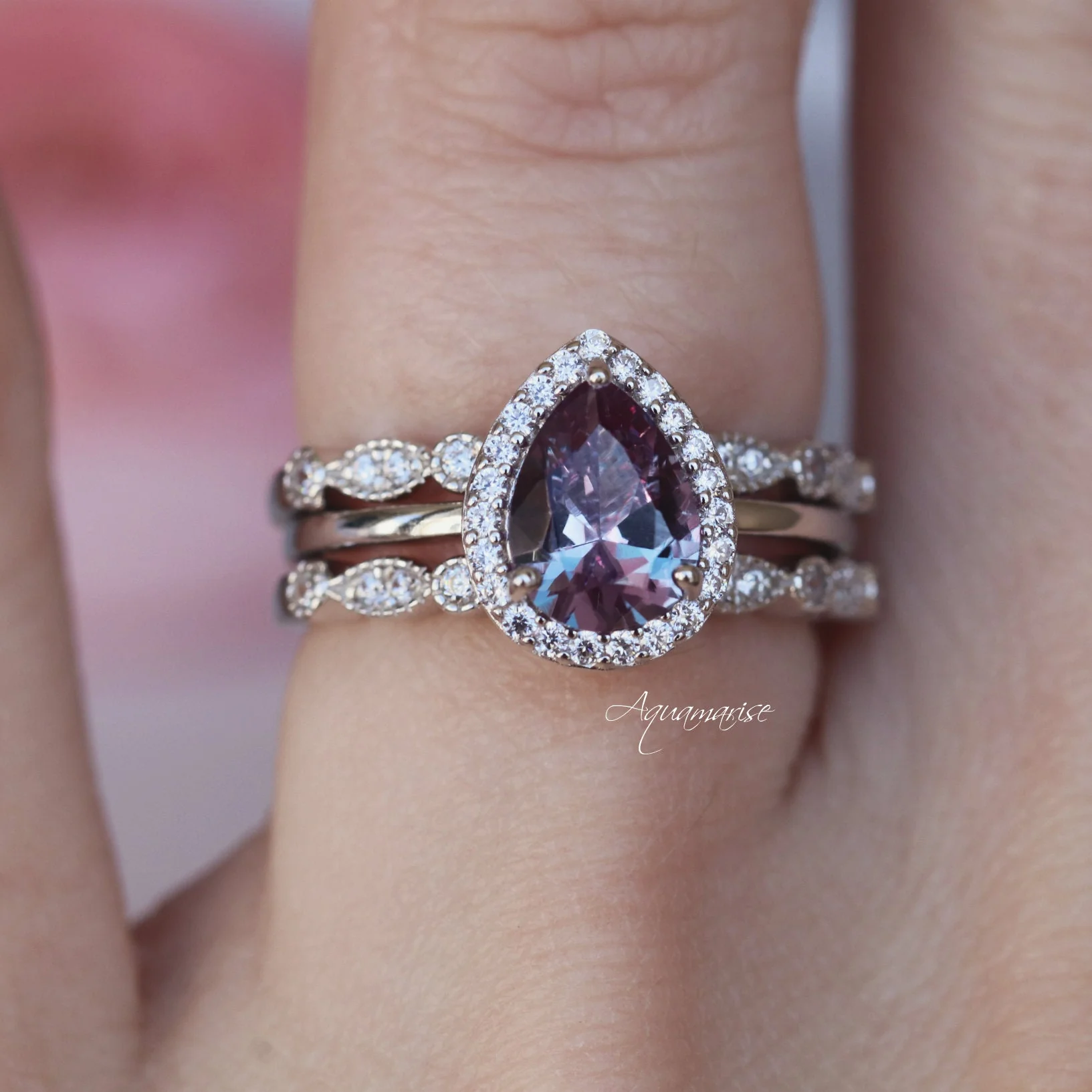 Teardrop Alexandrite Engagement Ring in 14K White Gold - Image 4