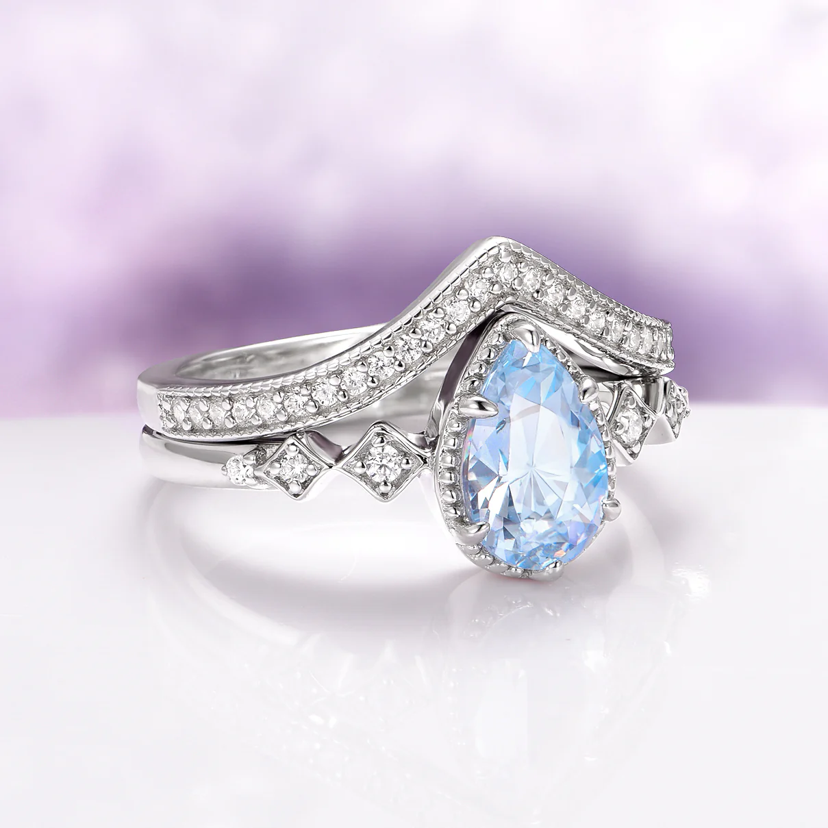 Teardrop Aquamarine Engagement Ring Set in Sterling Silver - Image 4