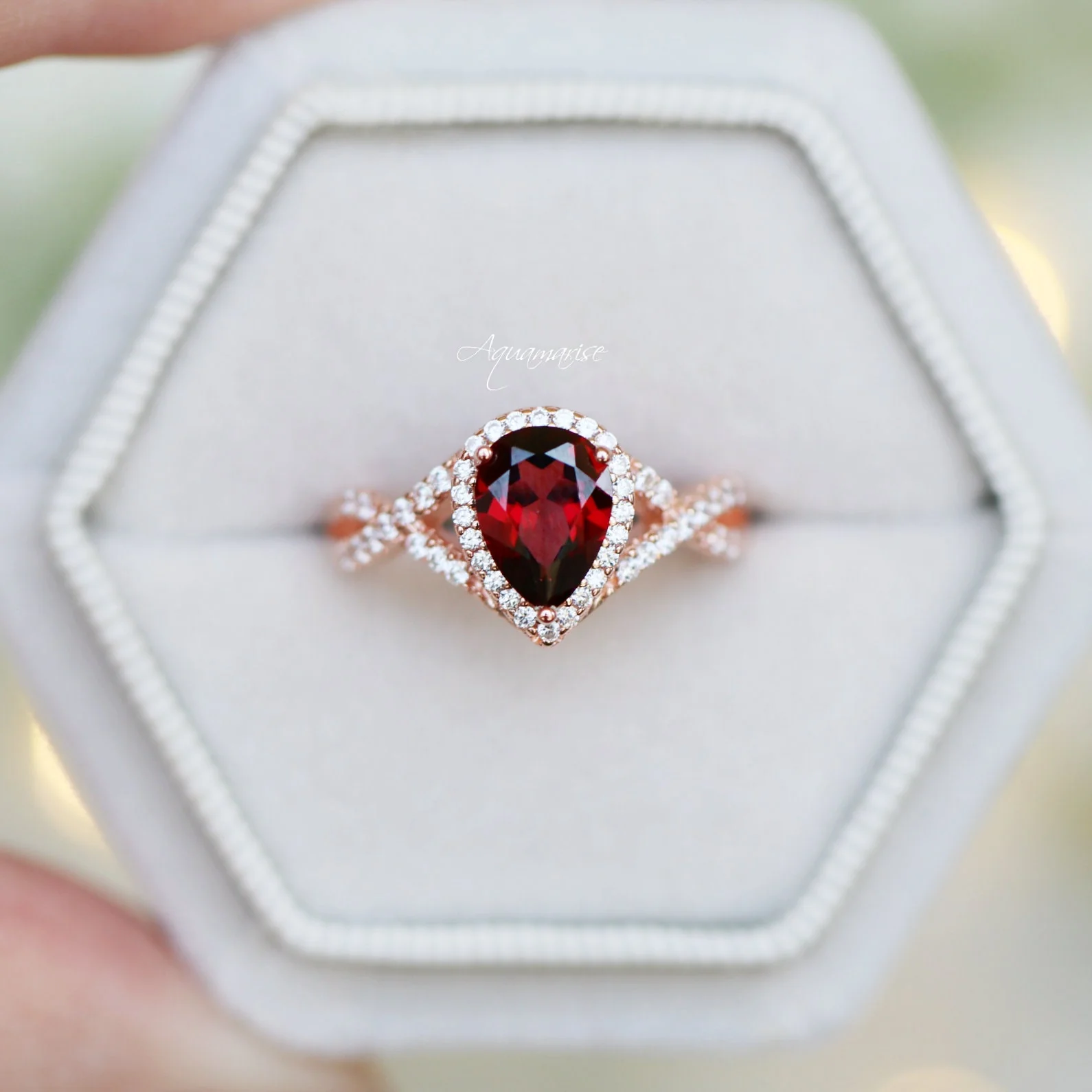 Flair Teardrop Natural Red Garnet Ring in 14K Rose Gold Vermeil - Image 2