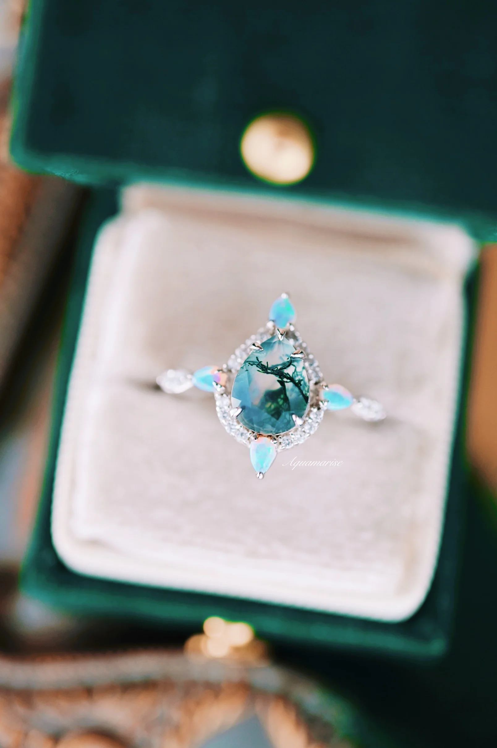 Green Moss Agate & Fire Opal Engagement Ring- 14K White Gold - Image 3