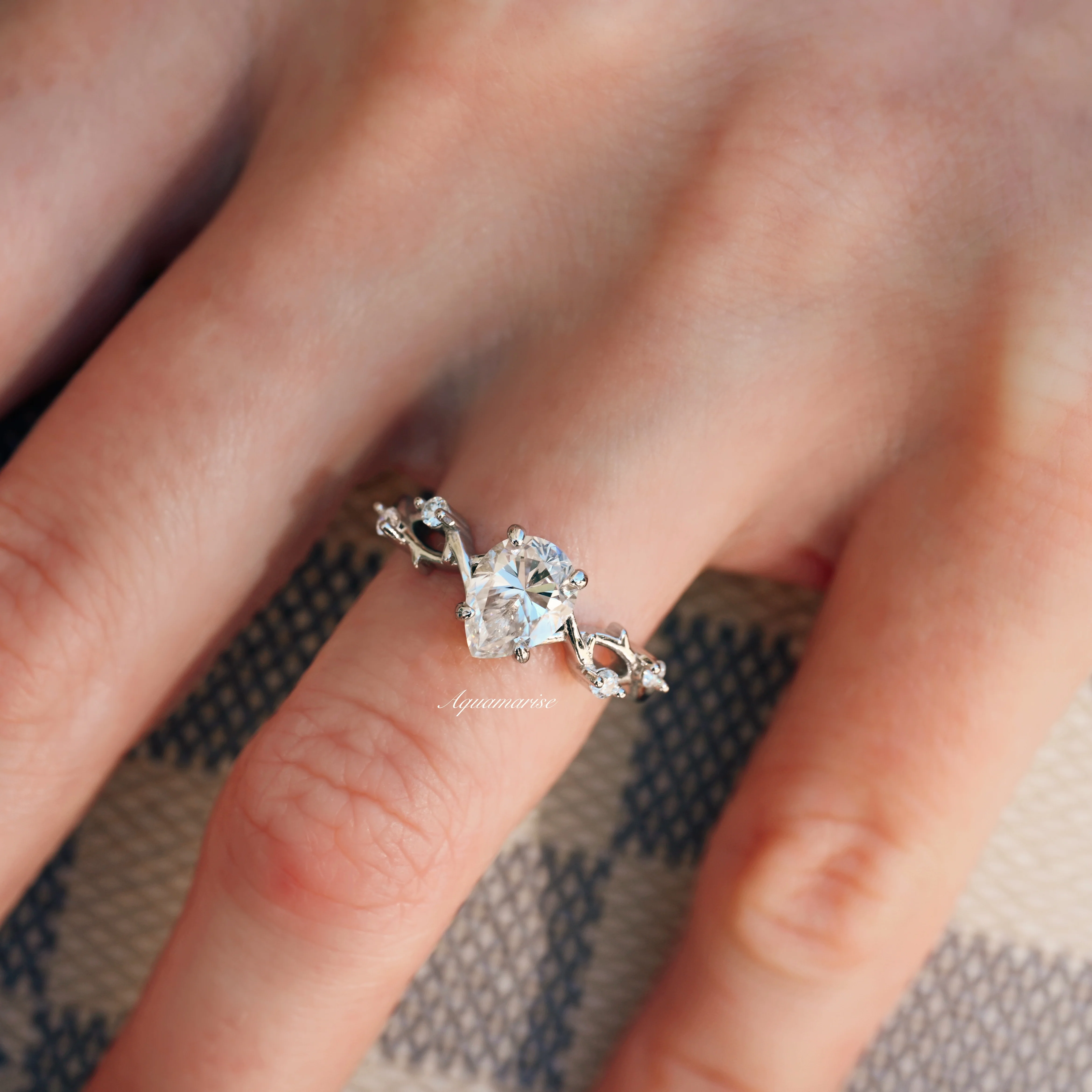 Teardrop Moissanite Leaf Engagement Ring in 14K White Gold - Image 2