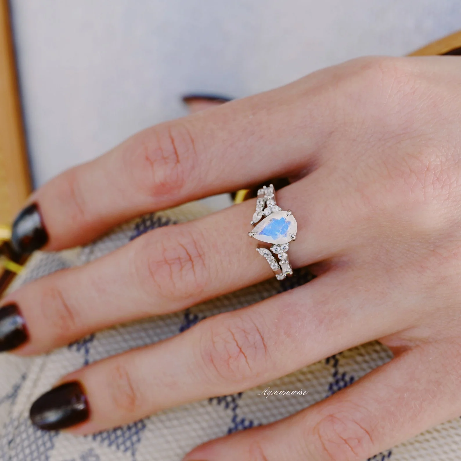 Teardrop Natural Moonstone Engagement Ring Set in 14K White Gold - Image 3