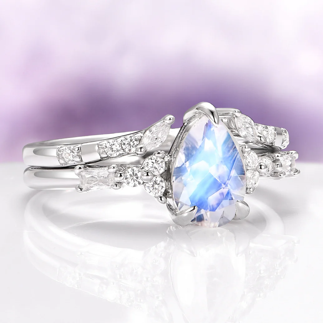 Teardrop Natural Moonstone Engagement Ring Set in 14K White Gold - Image 5