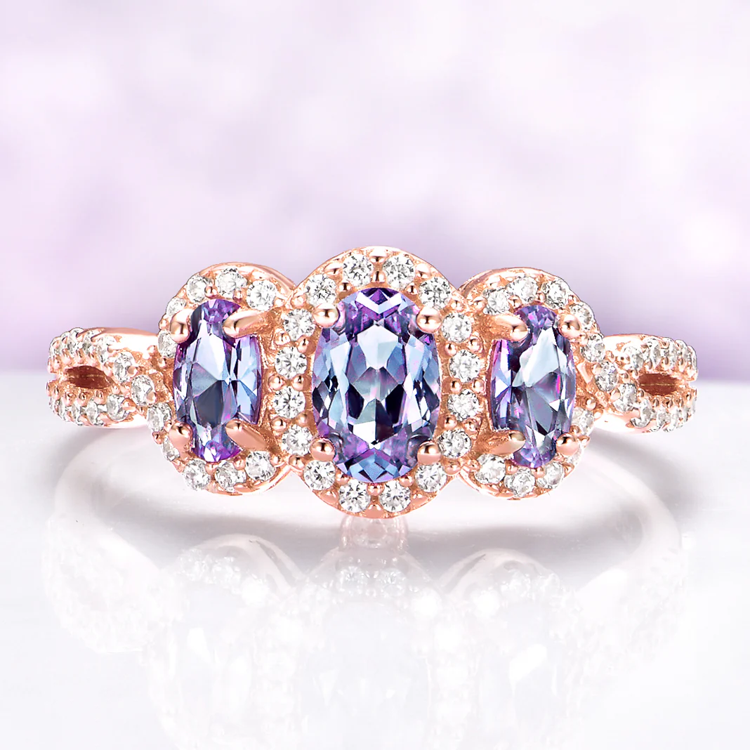 Three Stone Alexandrite Ring in 14K Rose Gold Vermeil