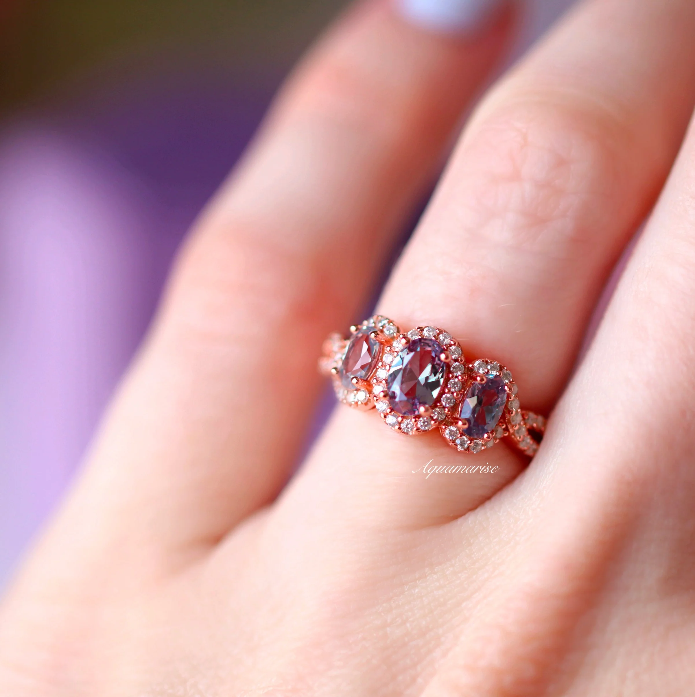 Three Stone Alexandrite Ring in 14K Rose Gold Vermeil - Image 2