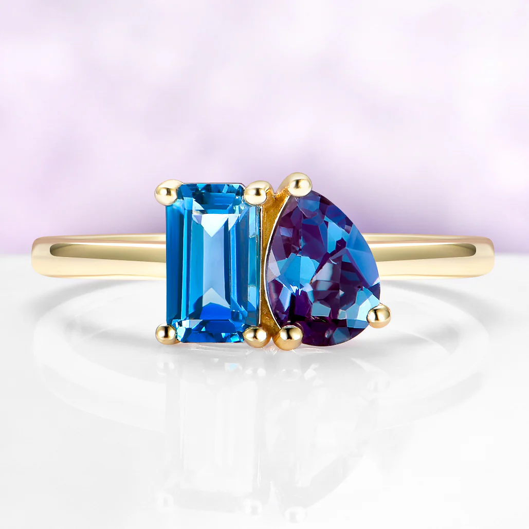 Toi Et Moi London Blue Topaz & Alexandrite Engagement Ring in Solid 14K Yellow Gold