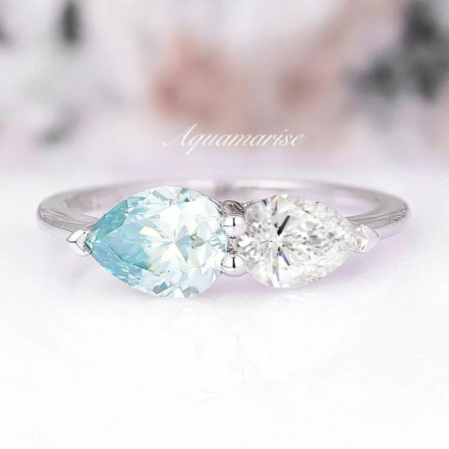 Toi Et Moi Blue and White Moissanite Engagement Ring- 14K White Gold
