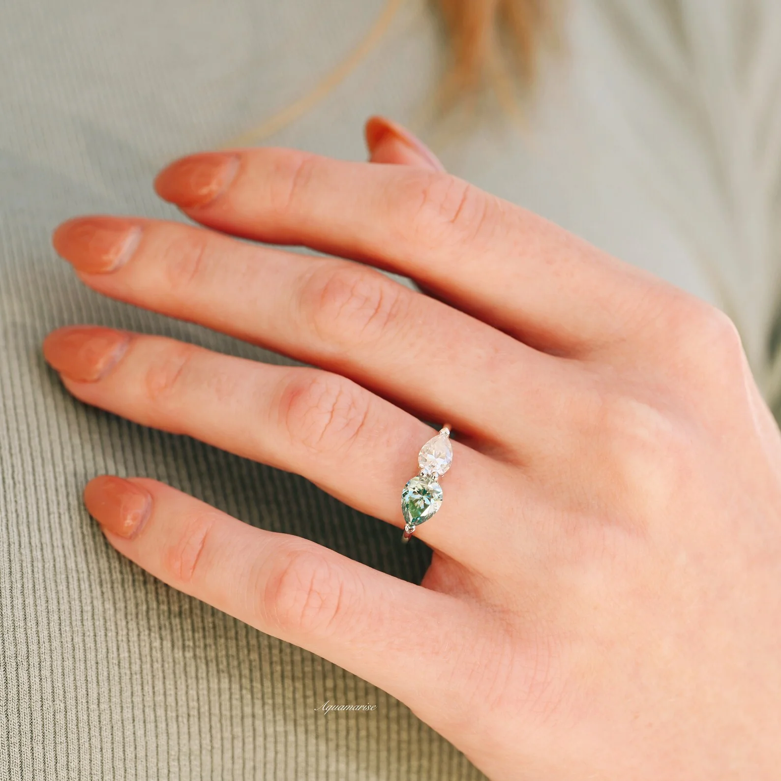 Toi Et Moi Blue and White Moissanite Engagement Ring- 14K White Gold - Image 2