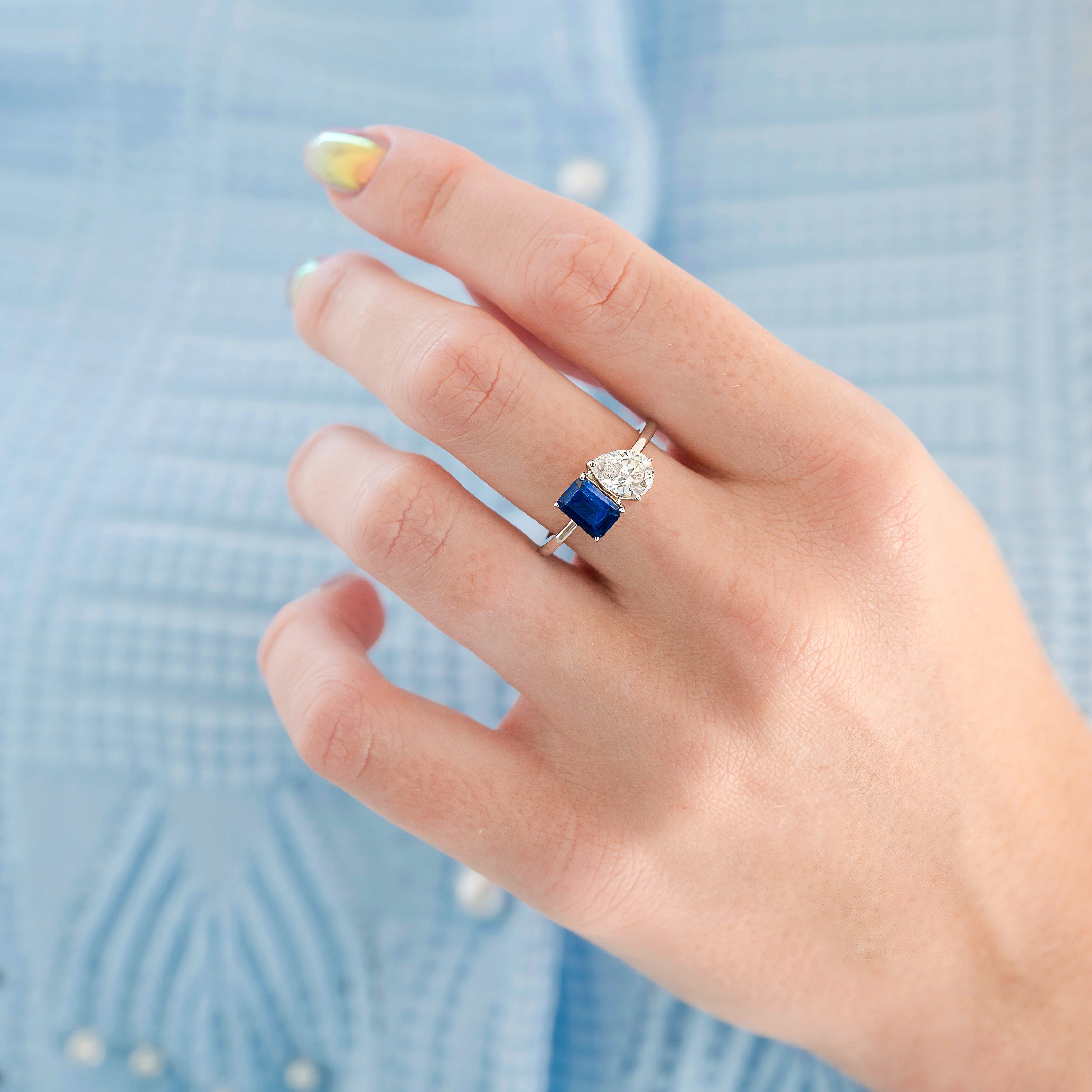 Toi Et Moi Blue Sapphire and Moissanite Engagement Ring in 14K White Gold - Image 2