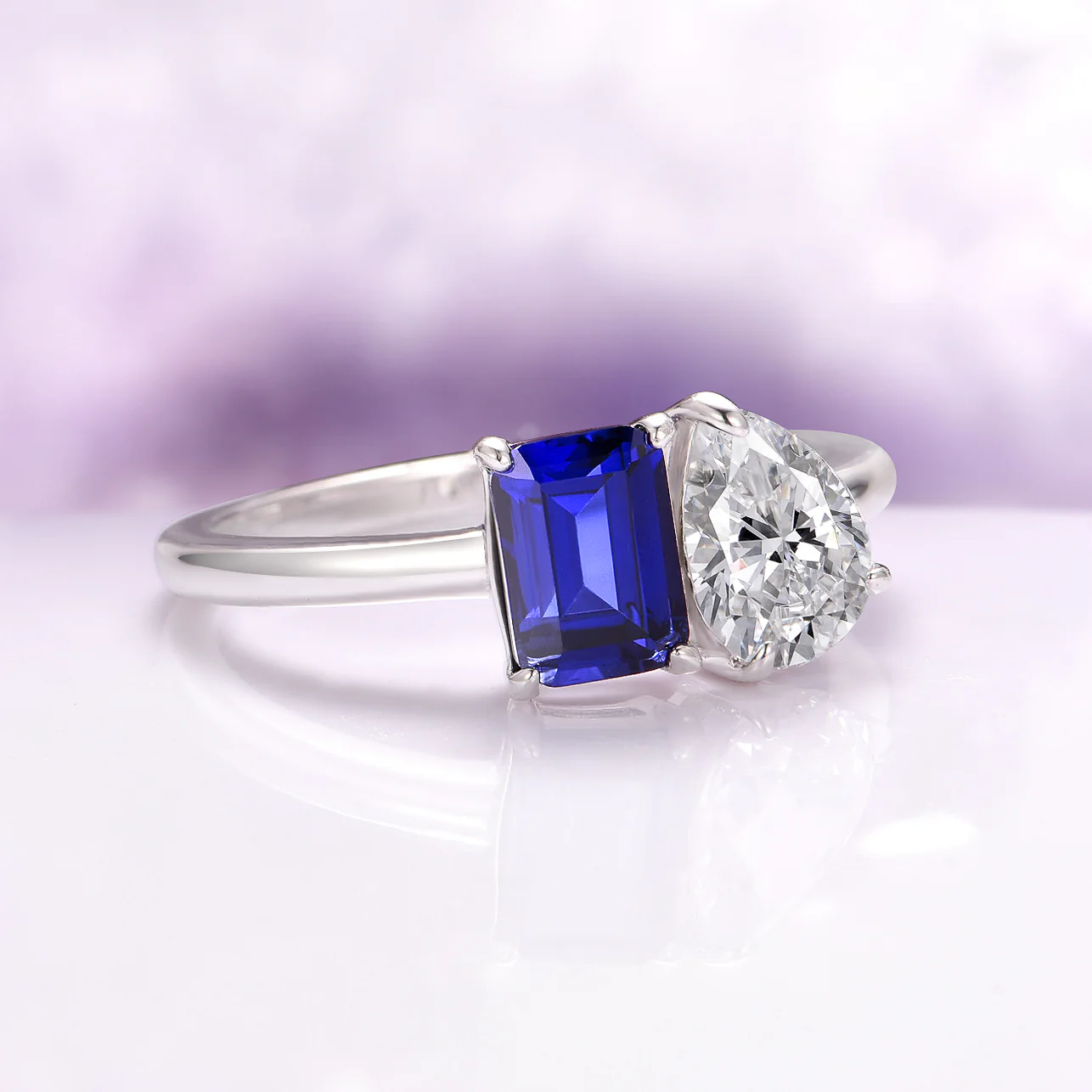 Toi Et Moi Blue Sapphire and Moissanite Engagement Ring in 14K White Gold - Image 3