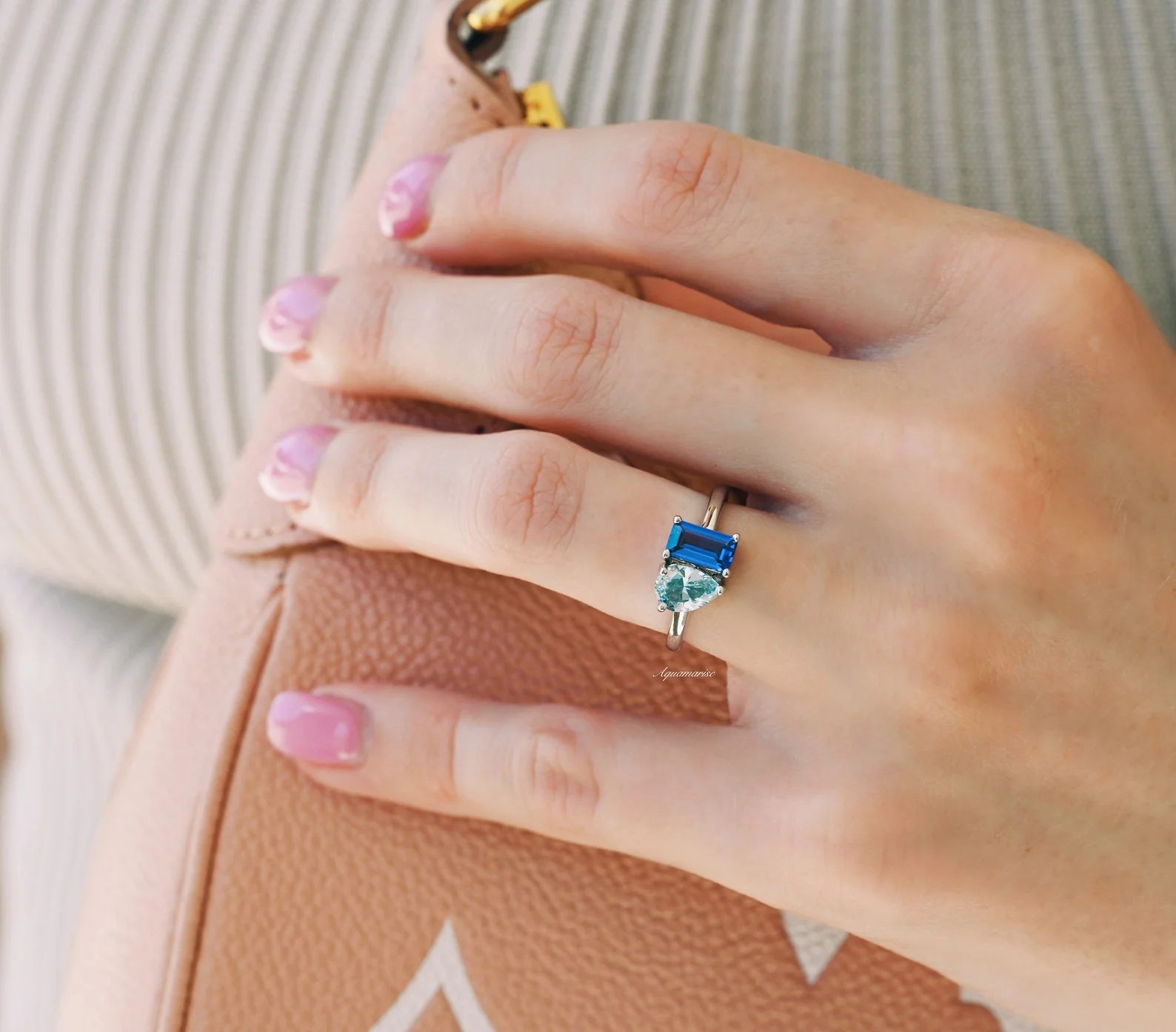 Toi Et Moi Blue Sapphire & Aquamarine Engagement Ring in 14K White Gold - Image 3