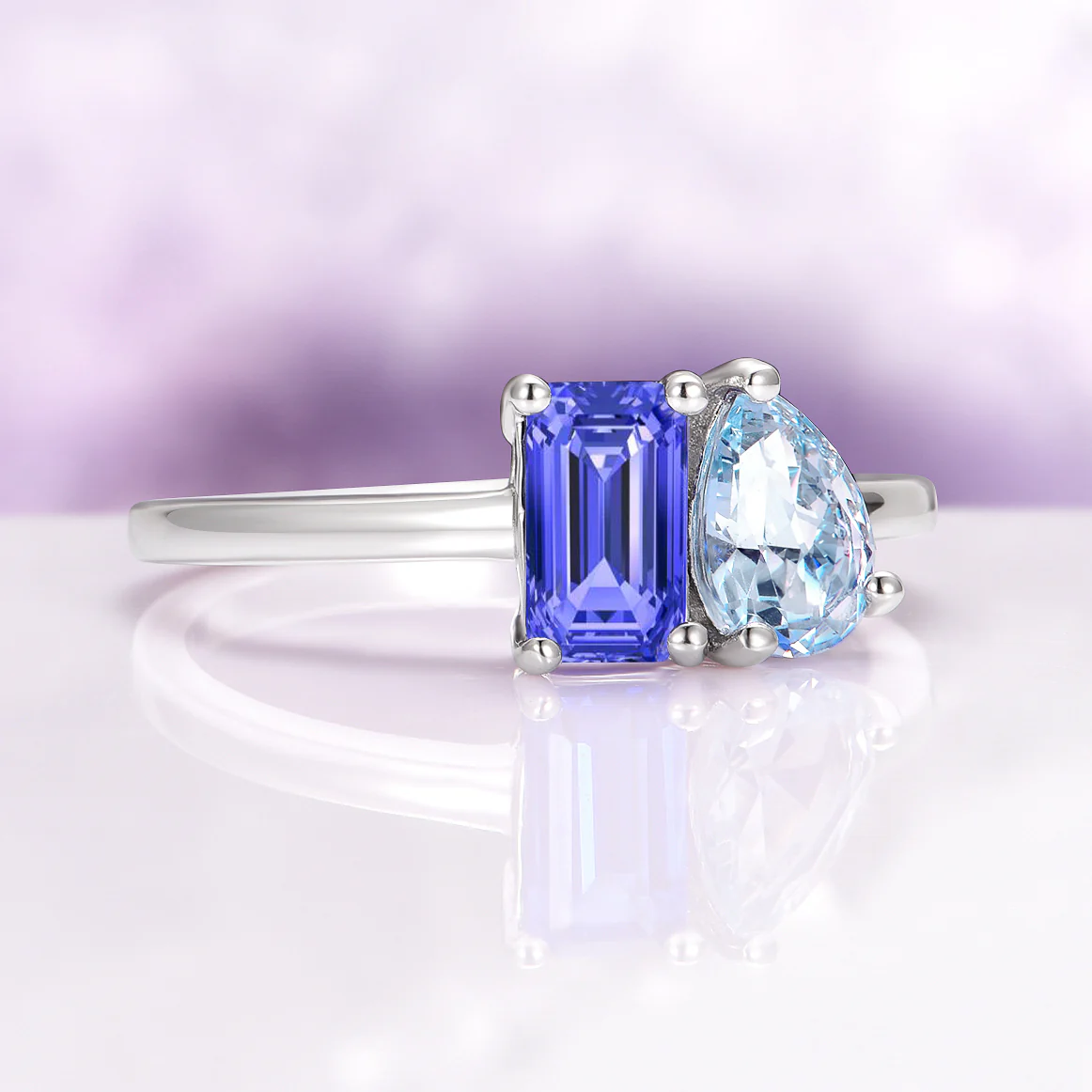 Toi Et Moi Blue Sapphire & Aquamarine Engagement Ring in 14K White Gold - Image 5