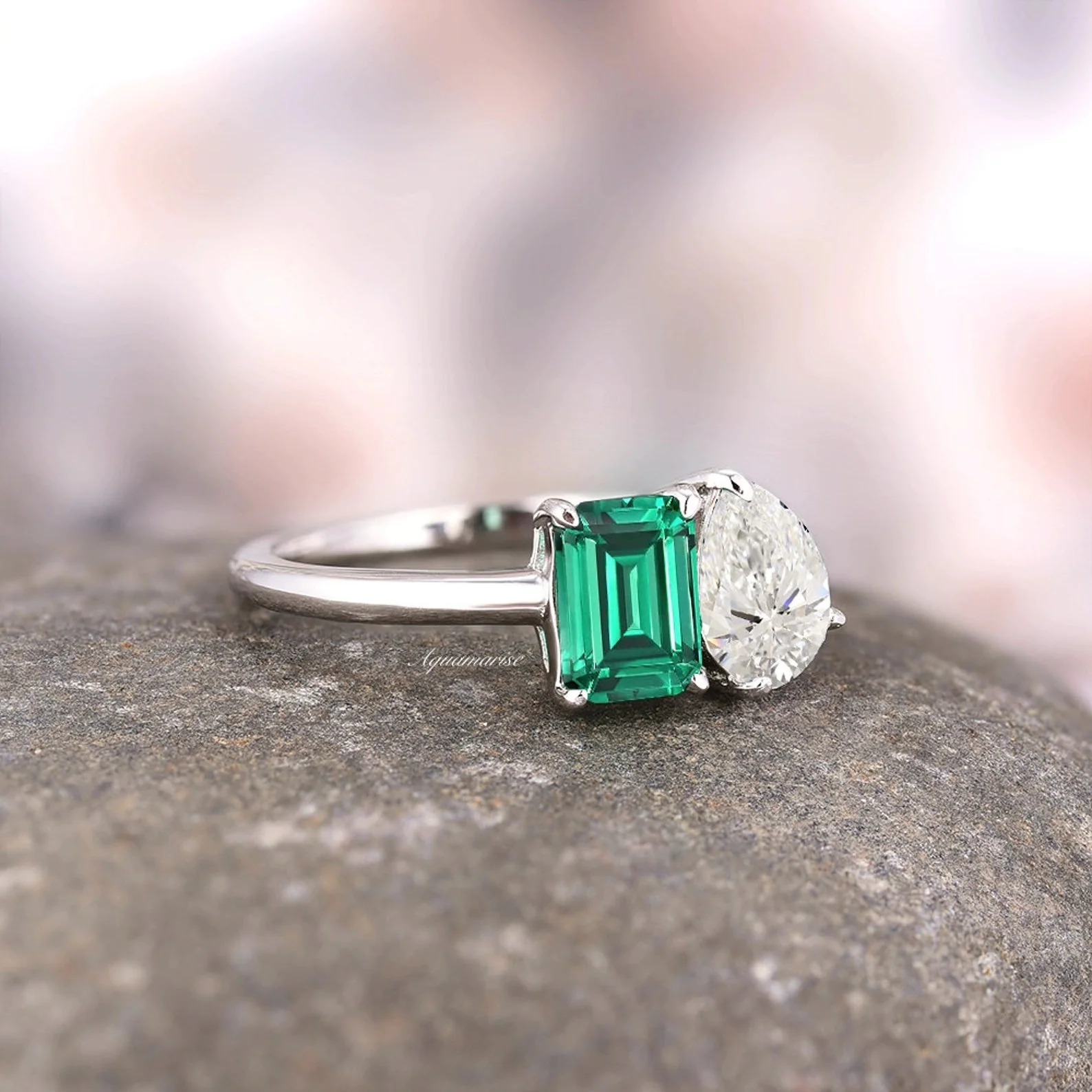 Toi Et Moi Emerald and Moissanite Ring- 14K White Gold - Image 4