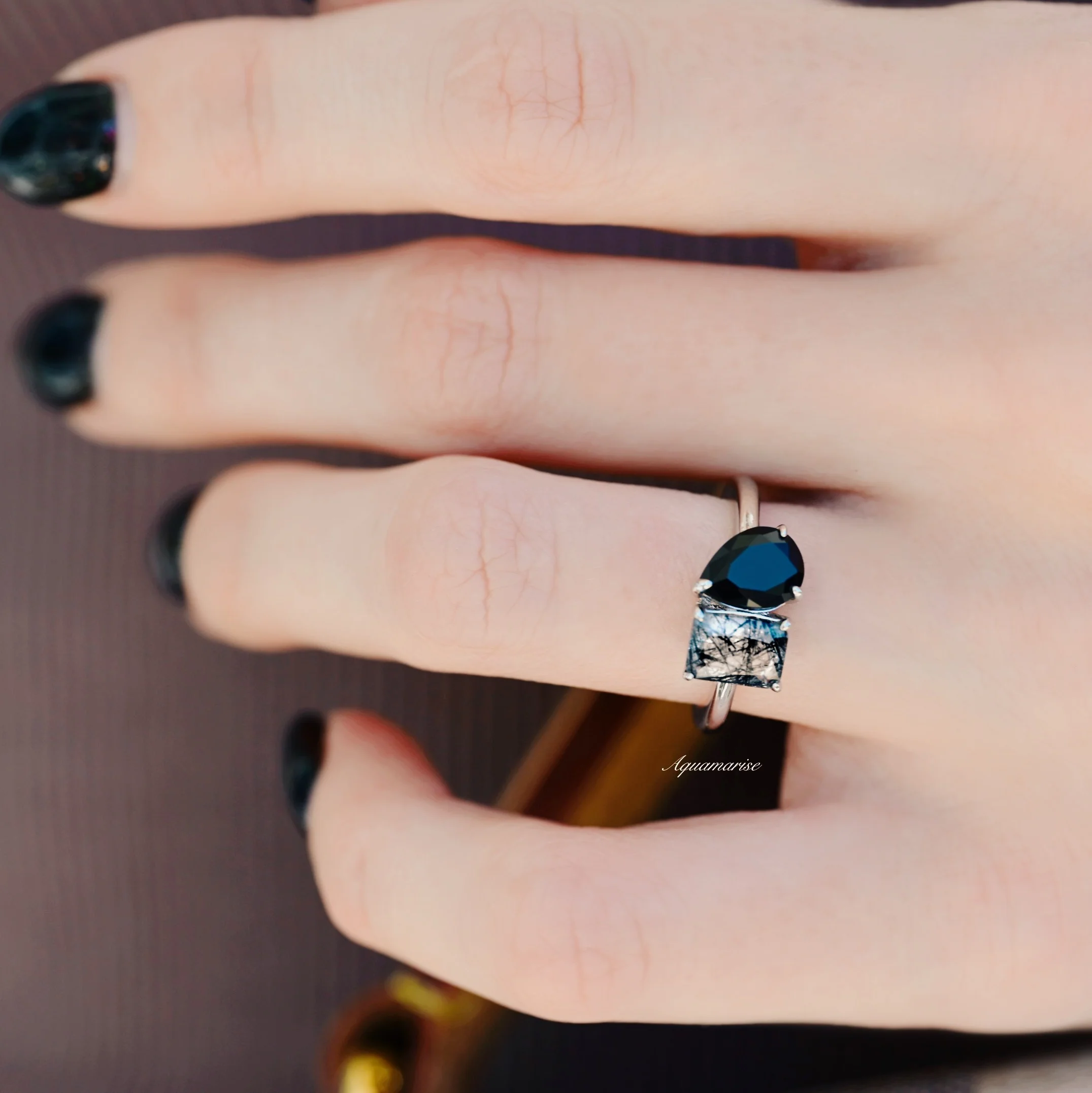 Toi Et Moi Rutilated Quartz & Black Onyx Ring- 14K White Gold - Image 2