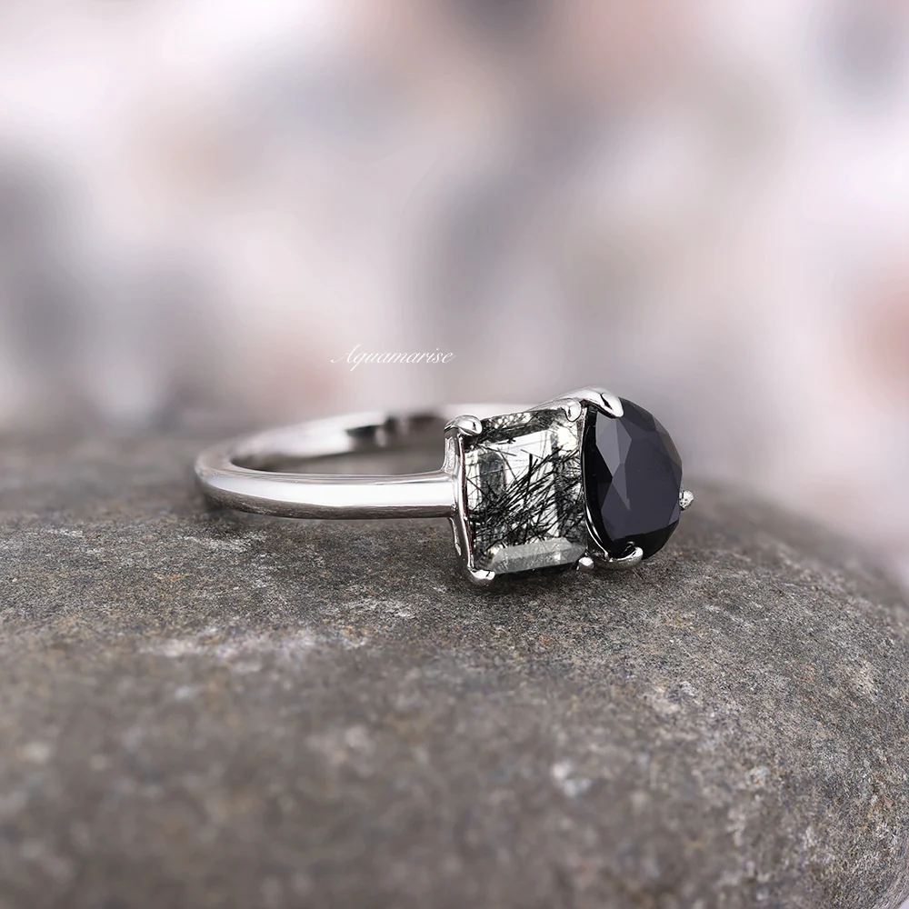 Toi Et Moi Rutilated Quartz & Black Onyx Ring- 14K White Gold - Image 4