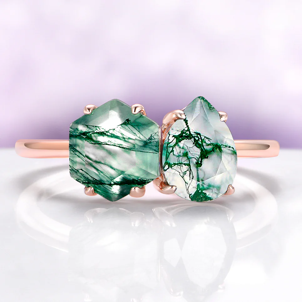Toi Et Moi Moss Agate Ring in Solid 14K Rose Gold