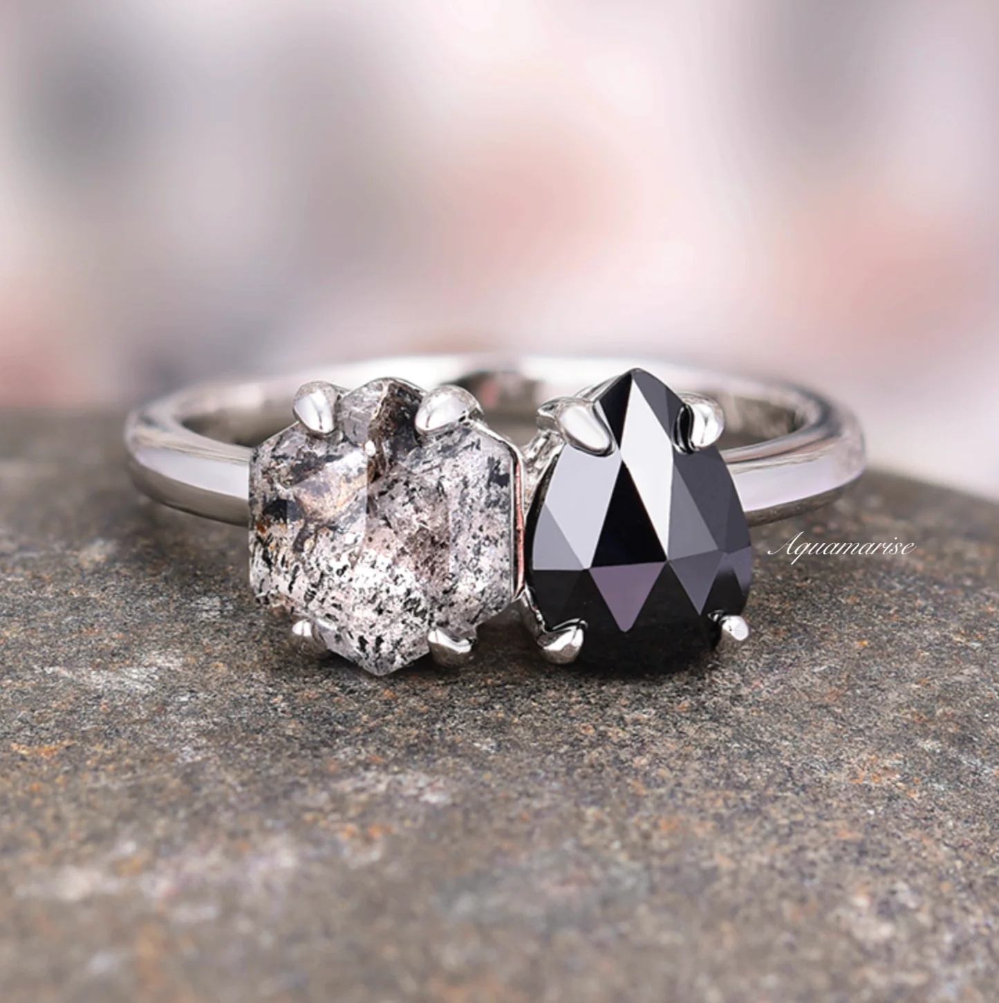 Toi Et Moi Herkimer Diamond & Black Onyx Ring- 14K White Gold