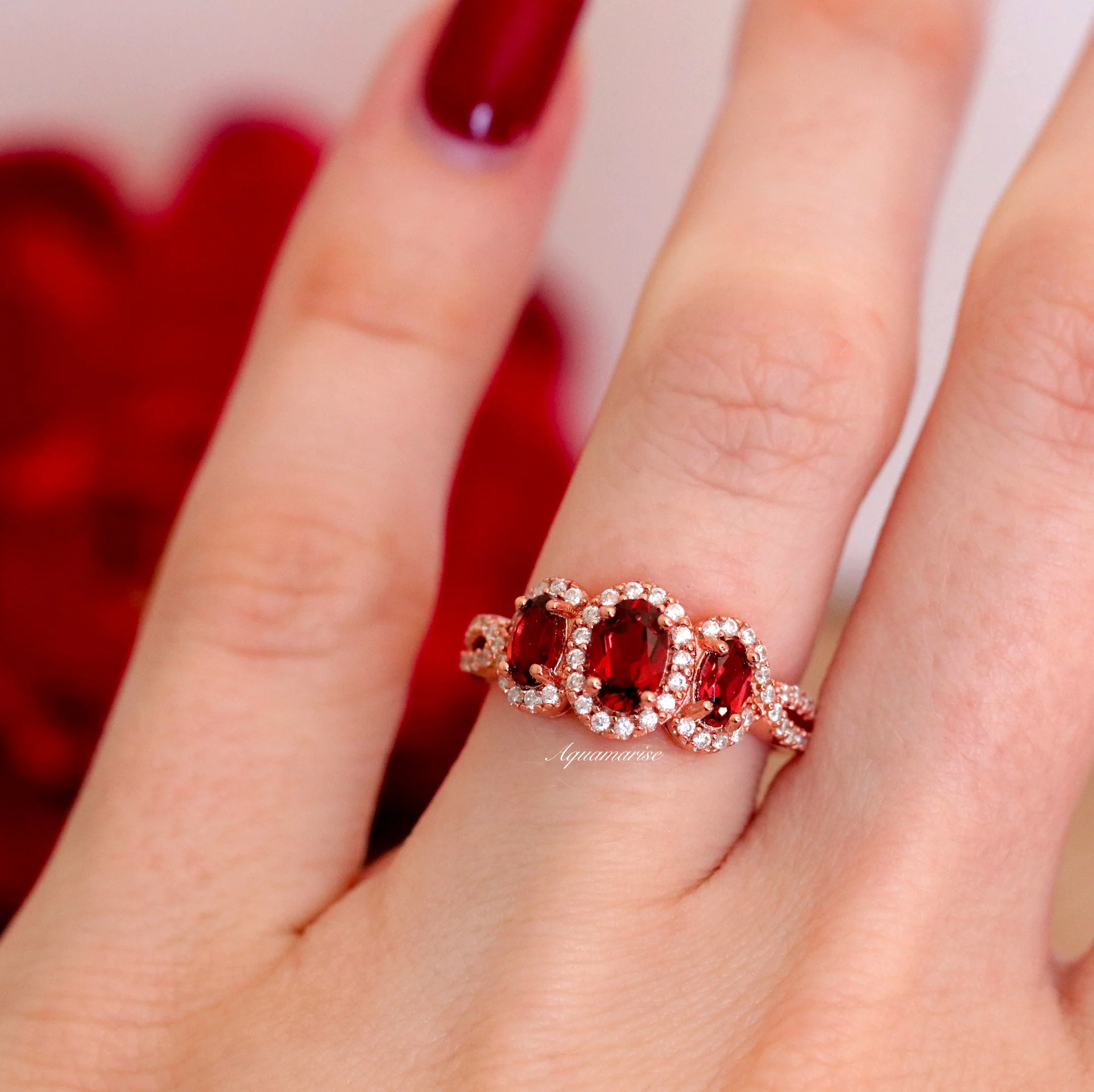 Three Stone Red Garnet Ring in 14K Rose Gold Vermeil - Image 2