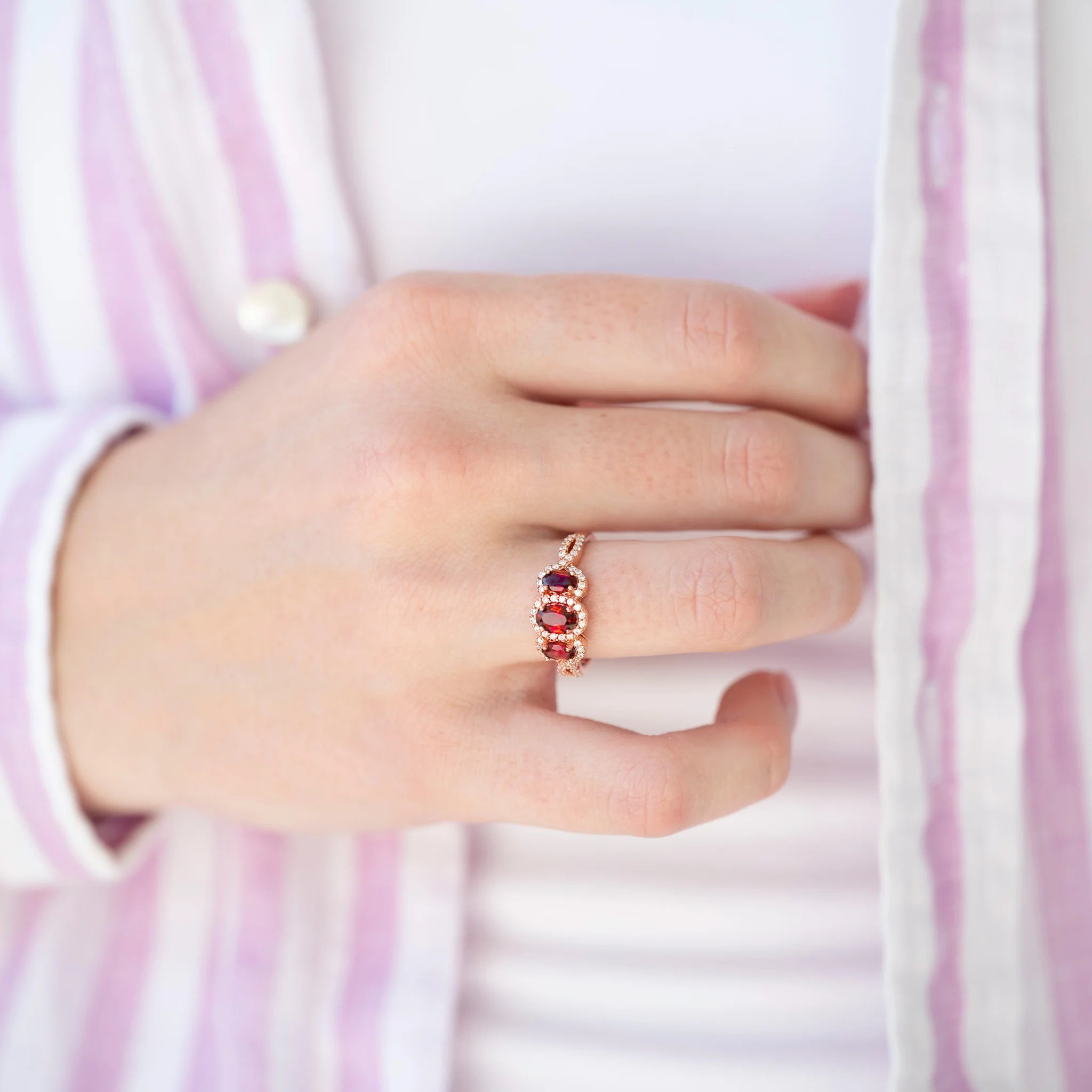Three Stone Red Garnet Ring in 14K Rose Gold Vermeil - Image 3