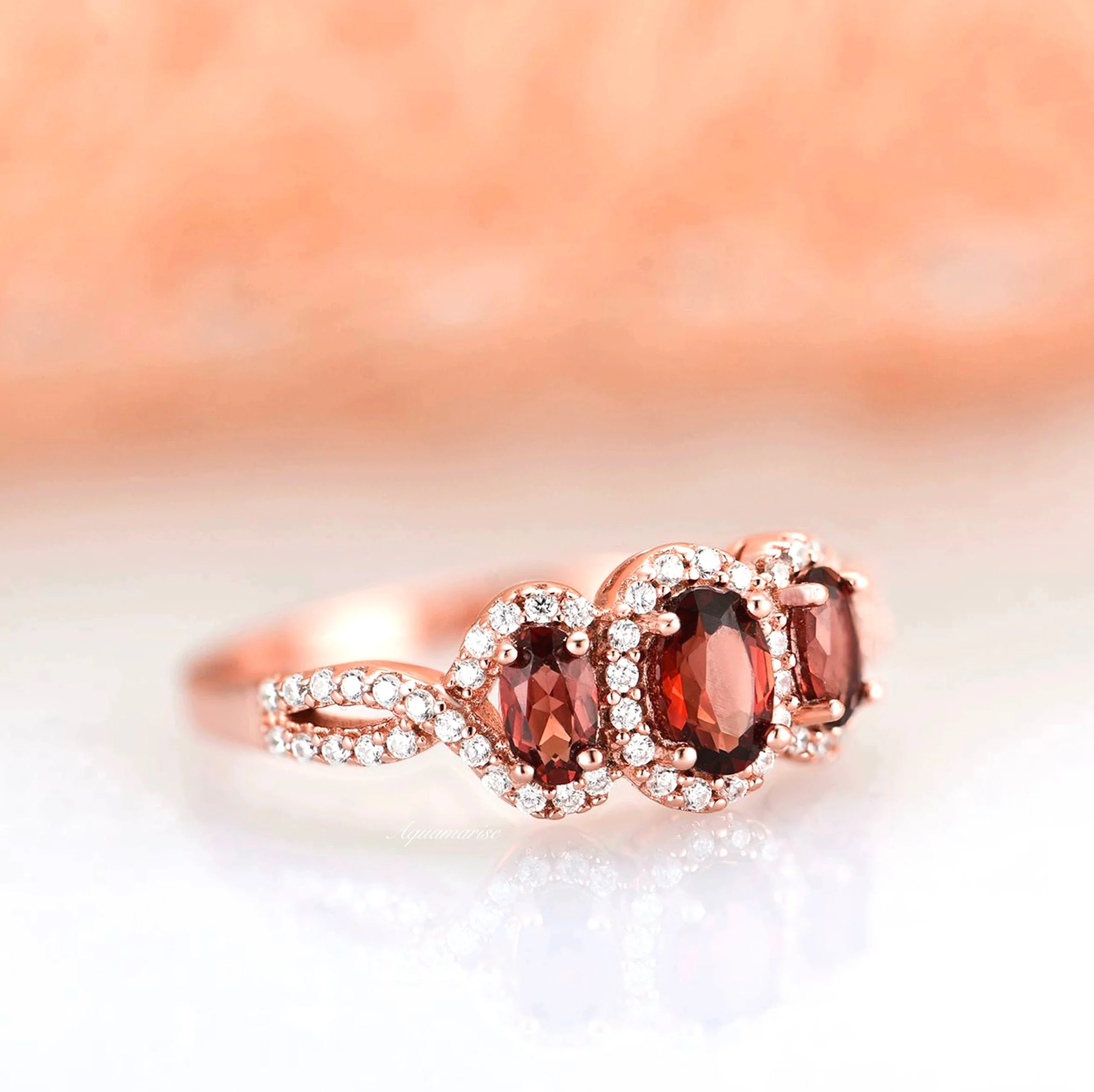 Three Stone Red Garnet Ring in 14K Rose Gold Vermeil - Image 4