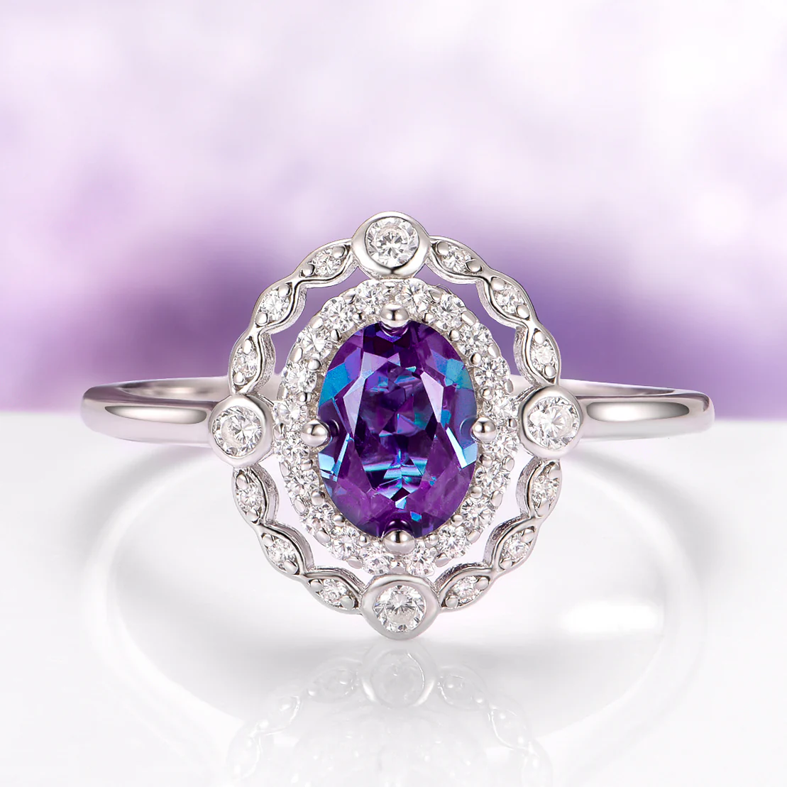 Valentina Art Deco Alexandrite Ring in 14K White Gold