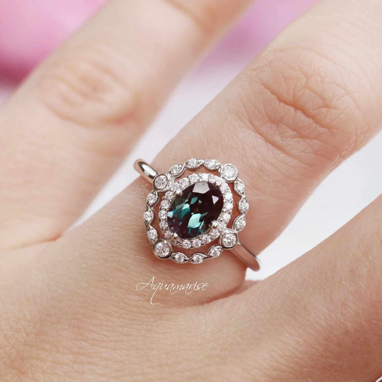 Valentina Art Deco Alexandrite Ring in 14K White Gold - Image 3