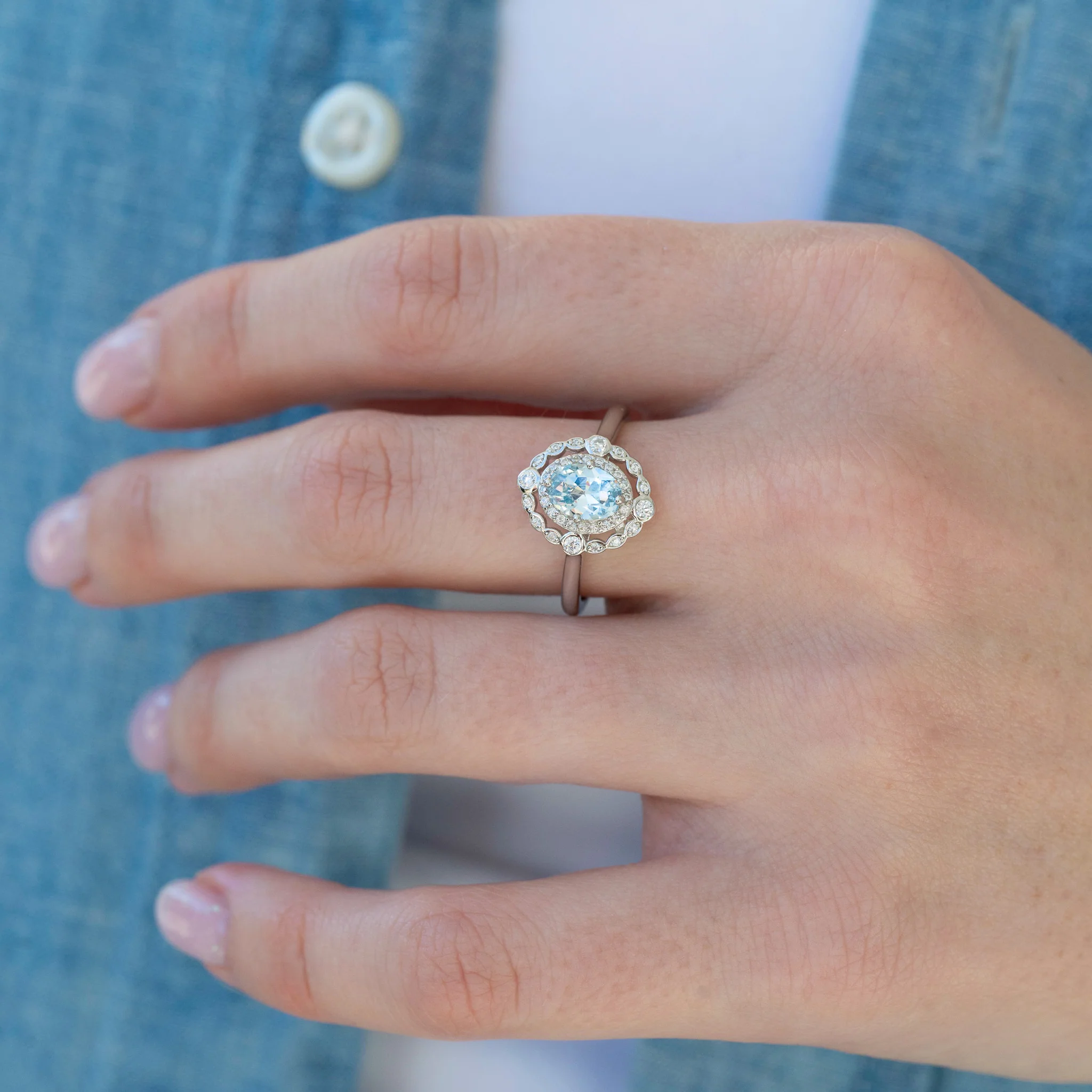 Valentina Vintage Inspired Aquamarine Engagement Ring in 14K White Gold - Image 2