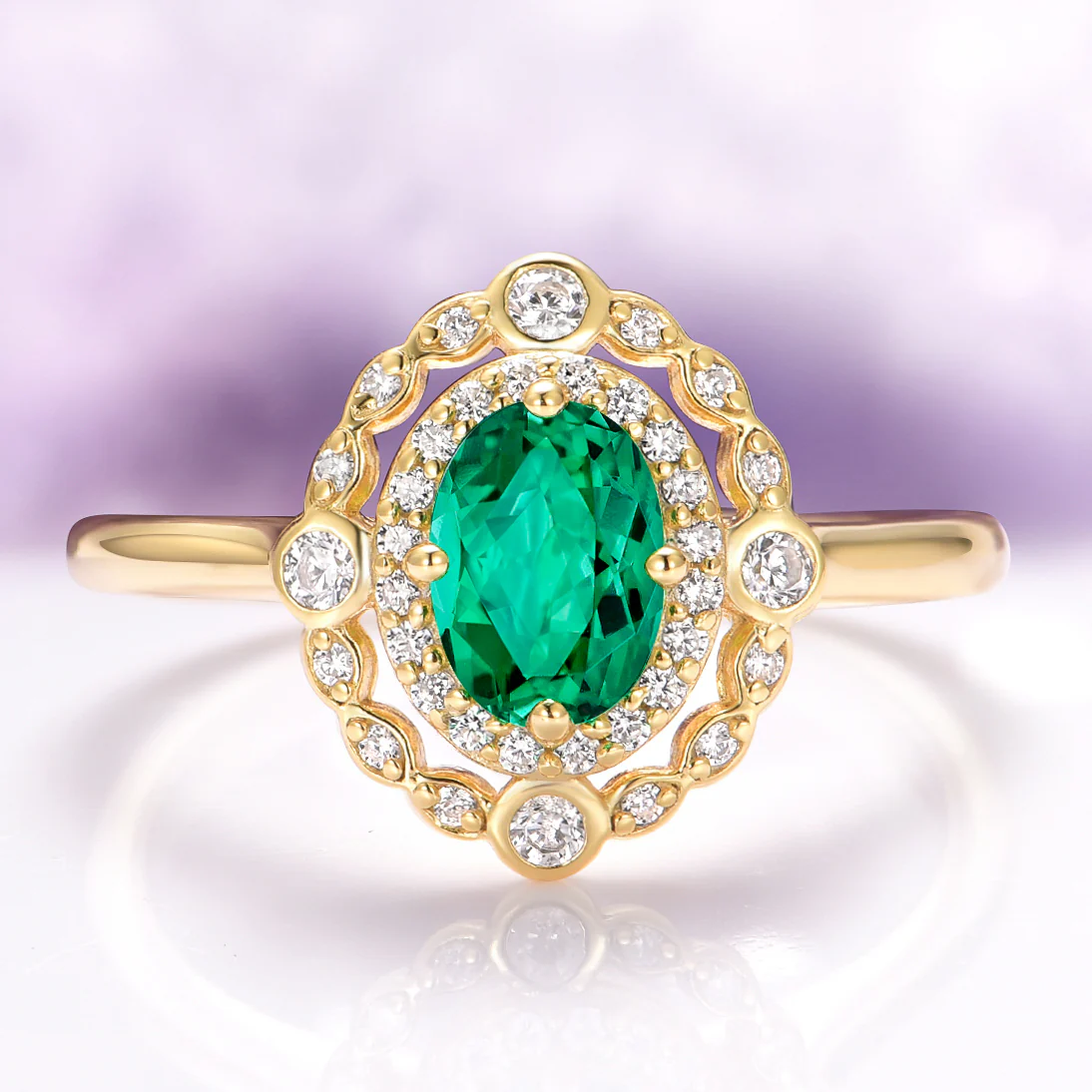 Valentina Art Deco Emerald Ring in 14K Solid Yellow Gold