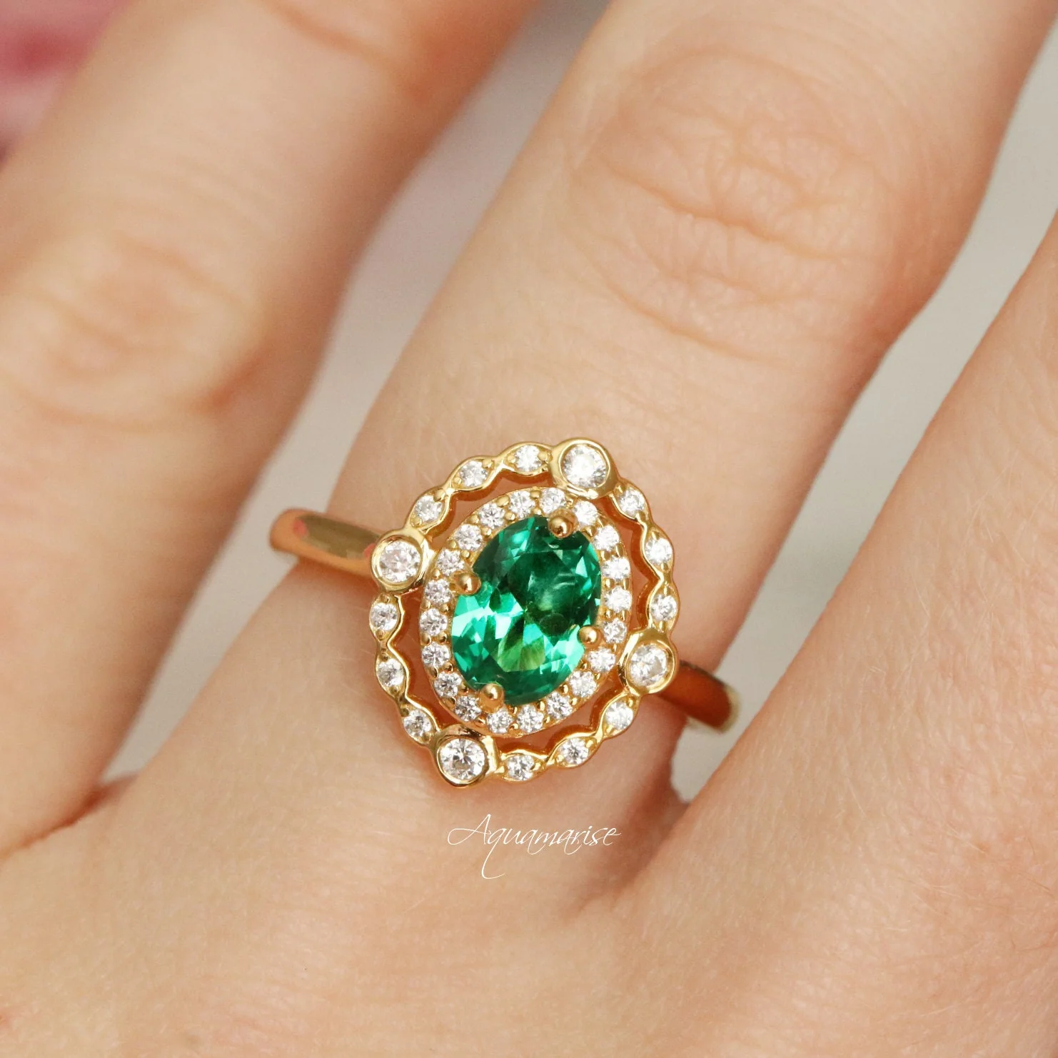 Valentina Art Deco Emerald Ring in 14K Solid Yellow Gold - Image 3