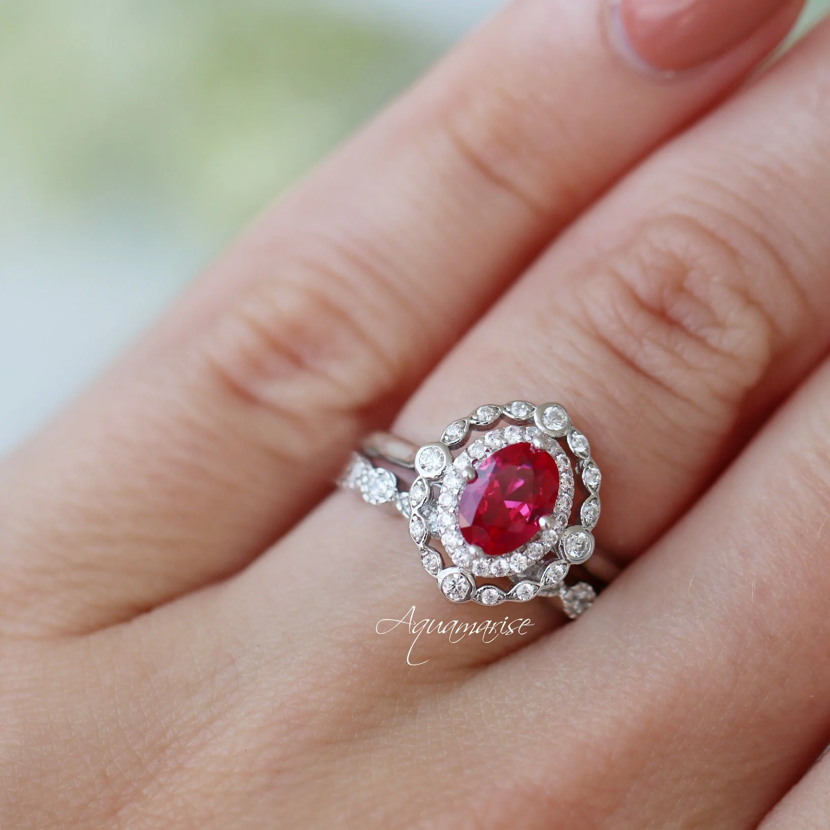 Valentina Art Deco Lab-Grown Ruby Engagement Ring in 14K White Gold - Image 3