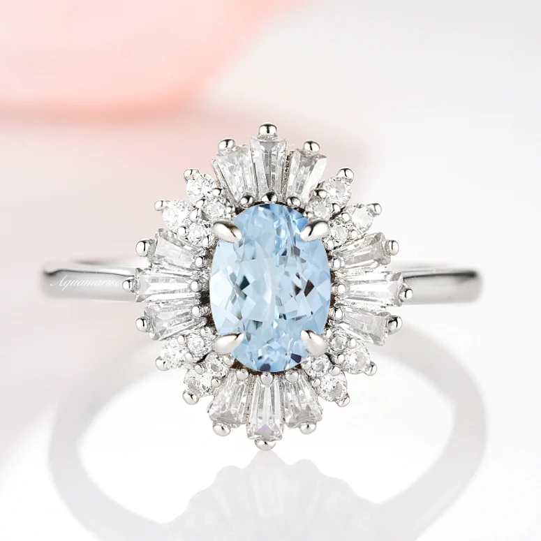 Victoria Art deco Aquamarine Ring- 14K White Gold