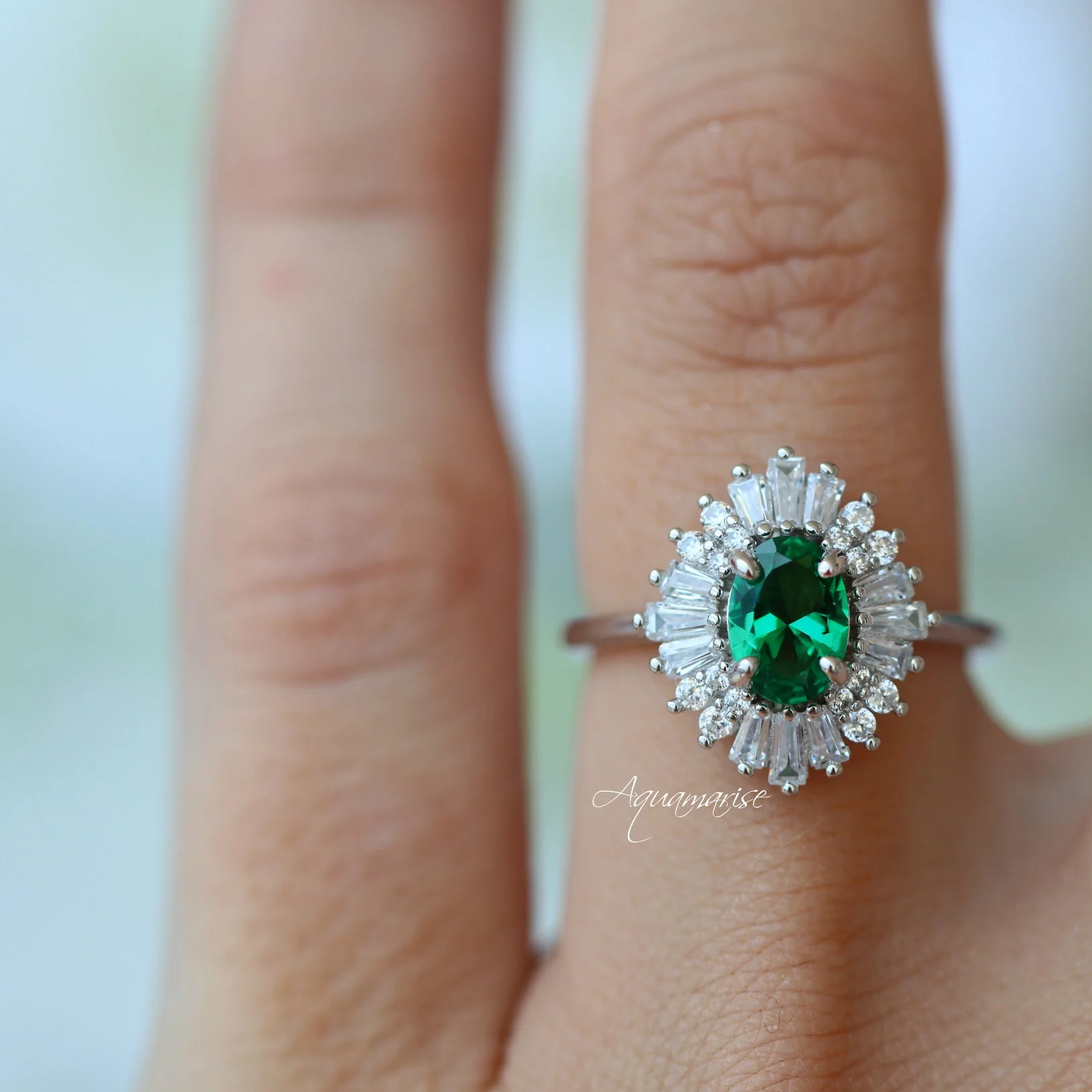 Victoria Art Deco Emerald Engagement Ring in 14K White Gold - Image 5