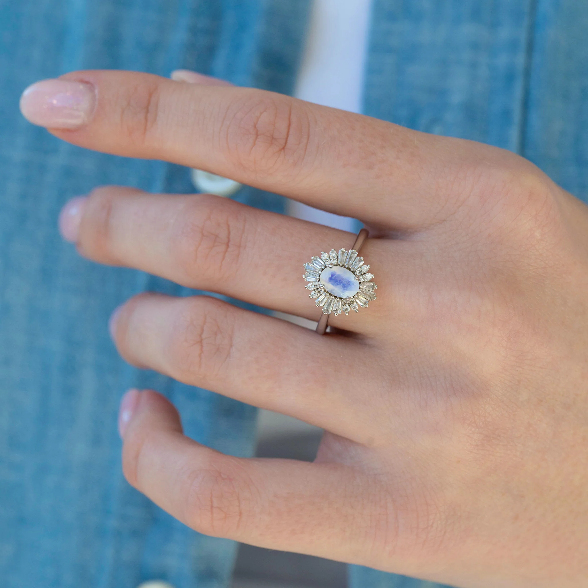 Victoria Art Deco Moonstone Engagement Ring in 14K White Gold - Image 2