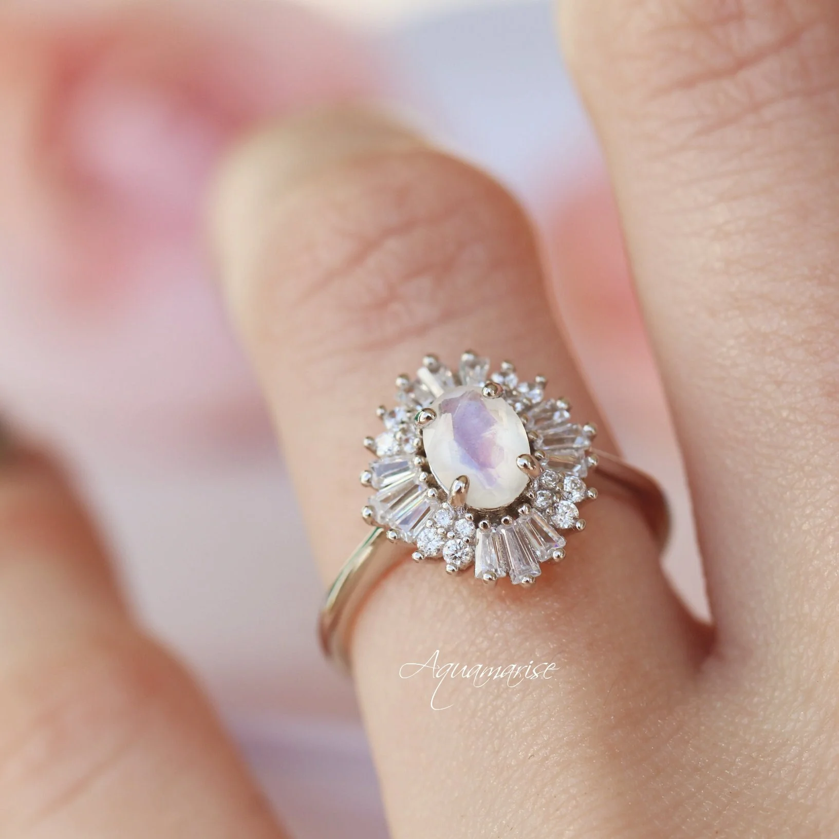 Victoria Art Deco Moonstone Engagement Ring in 14K White Gold - Image 3