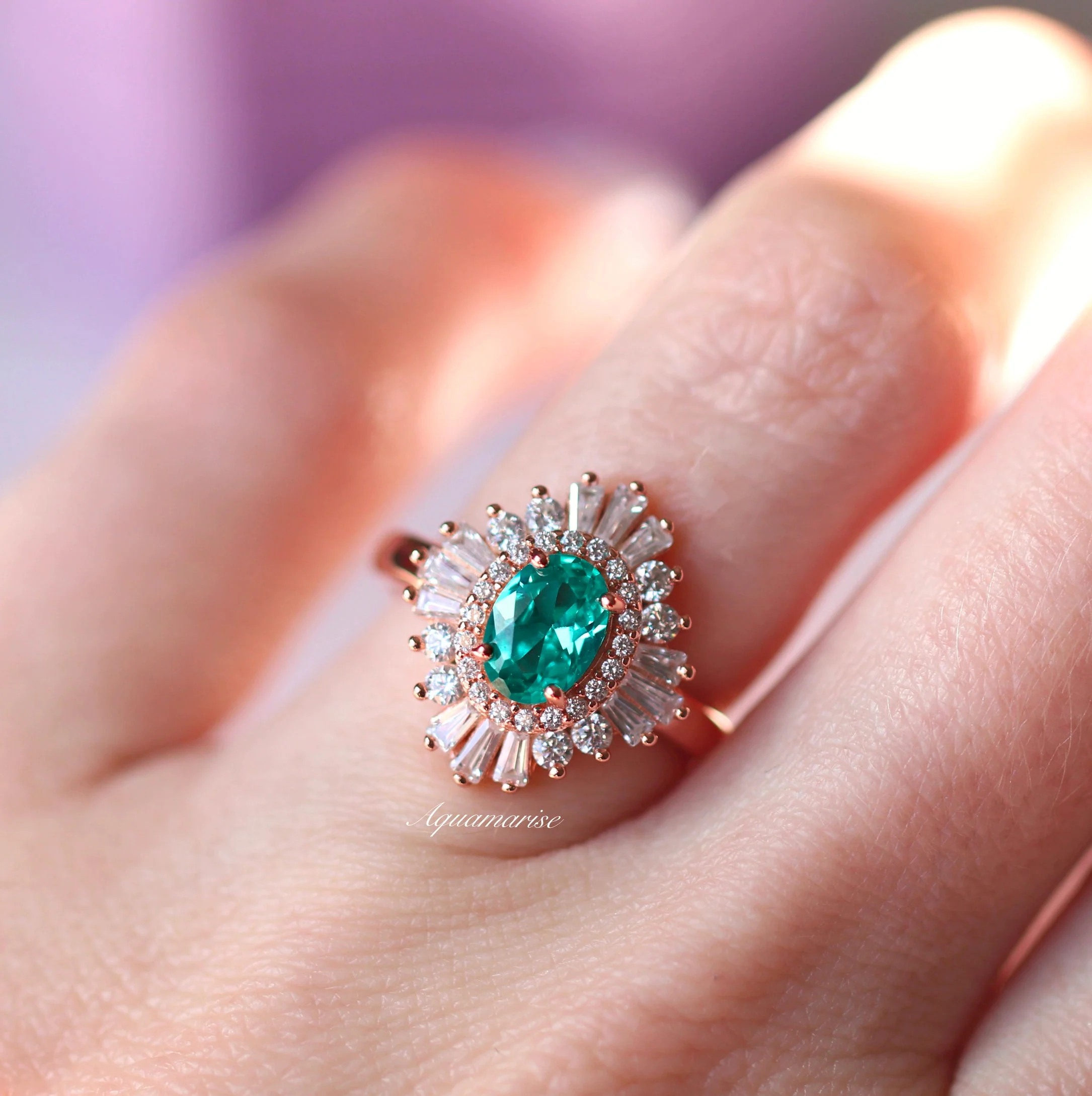 Victoria Art Deco Paraiba Tourmaline Engagement Ring in 14K Solid Rose Gold - Image 3