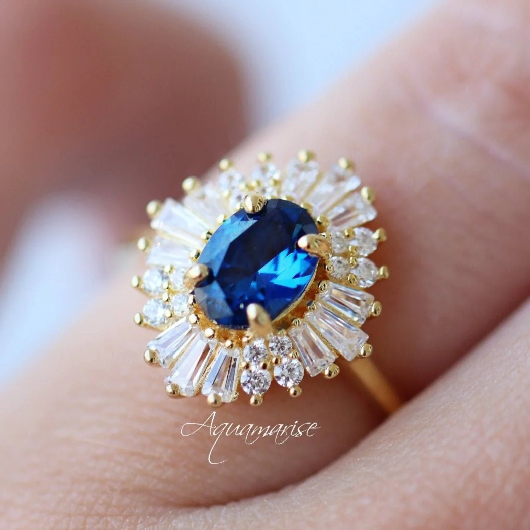 Victoria Blue Sapphire Engagement Ring in 14K Solid Yellow Gold - Image 2