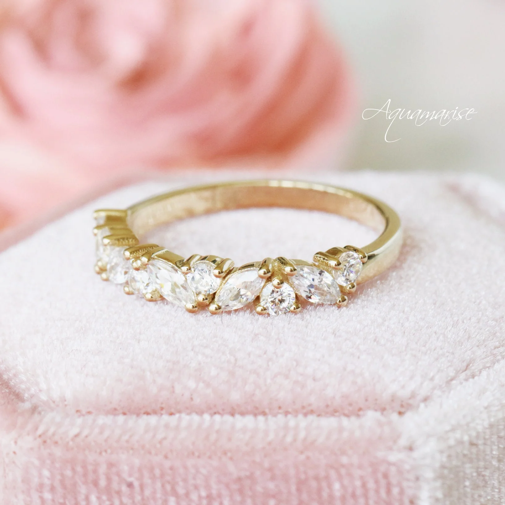Willow Marquise Diamond Leaf Wedding Band in Solid 14K Yellow Gold - Image 9