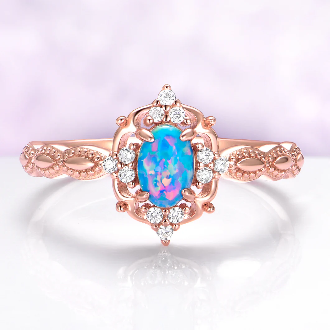 Vintage Blue Fire Opal Engagement Ring in Solid 14K Rose Gold