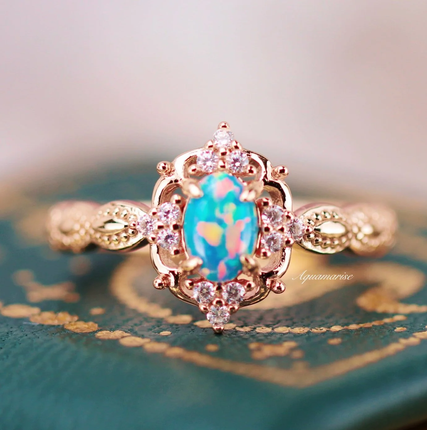 Vintage Blue Fire Opal Engagement Ring in Solid 14K Rose Gold - Image 2
