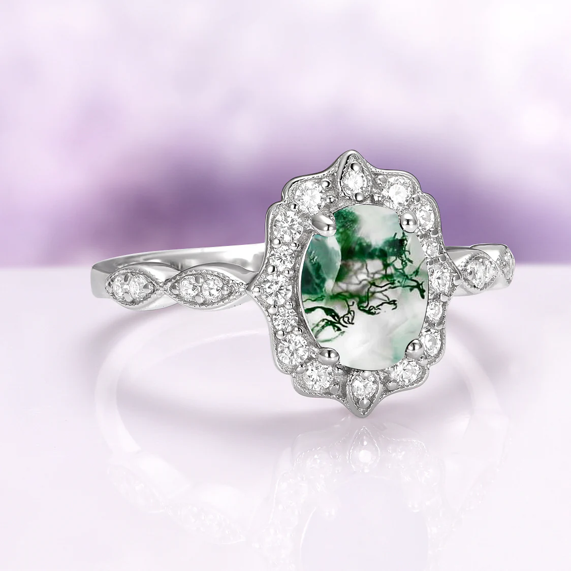Cordelia Green Moss Agate Vintage Engagement Ring in 14K White Gold - Image 3