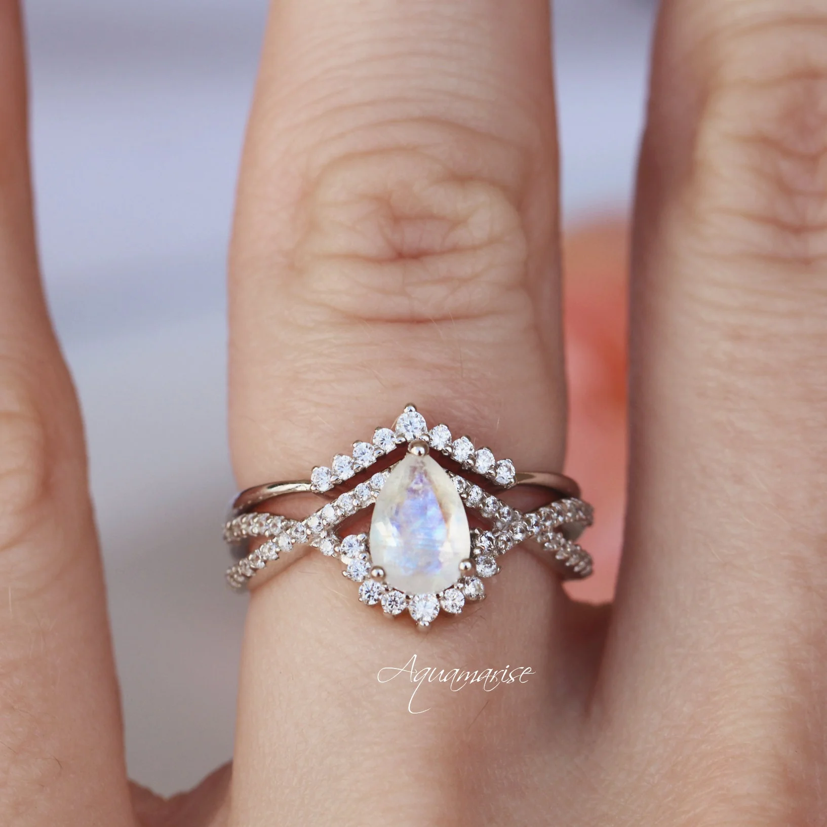Alice Teardrop Moonstone Engagement Ring Set in Sterling Silver - Image 3