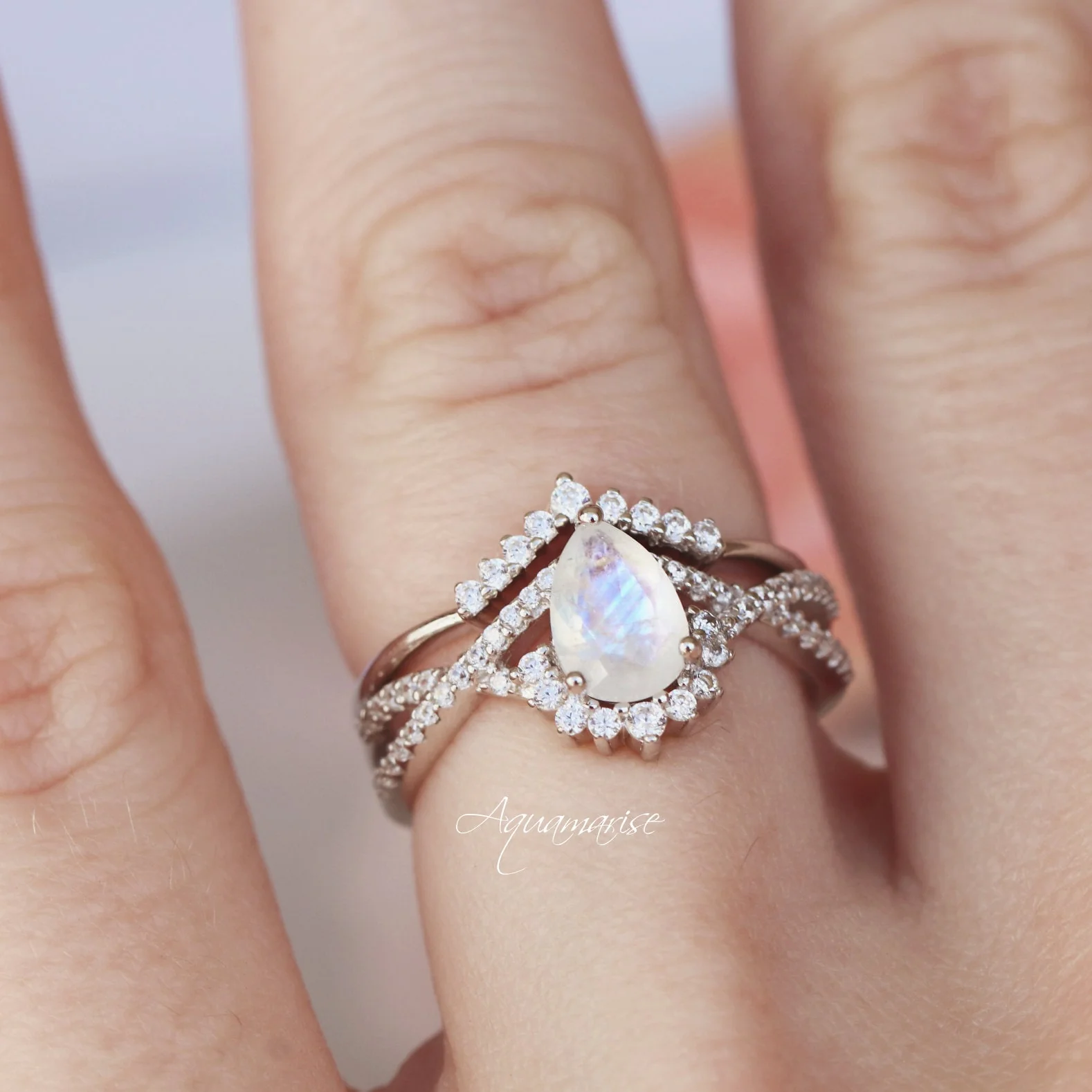 Alice Teardrop Moonstone Engagement Ring Set in Sterling Silver - Image 4