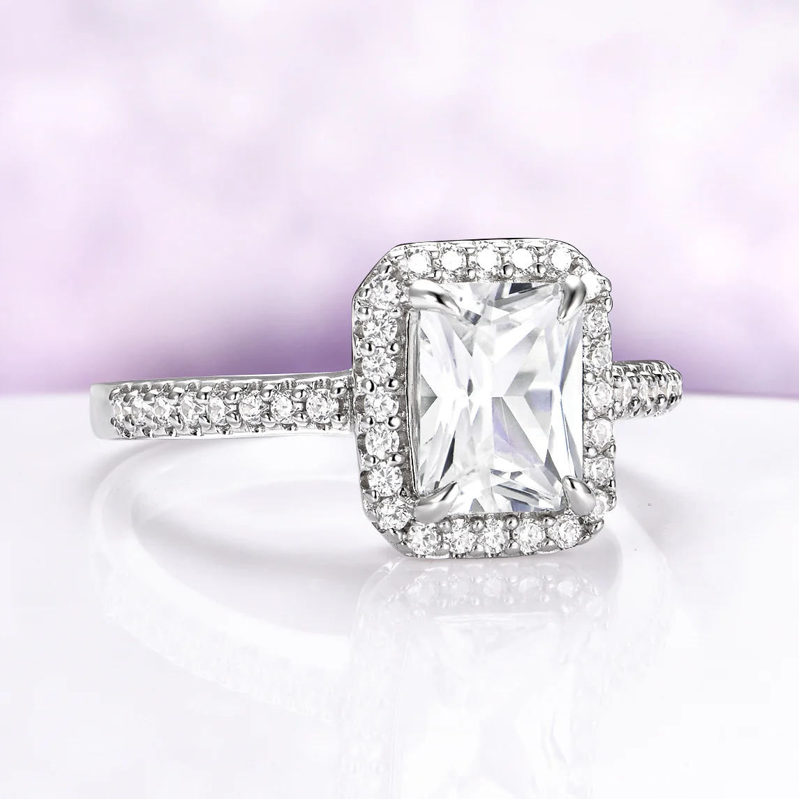 White Sapphire Emerald Cut Engagement Ring in Sterling Silver - Image 3