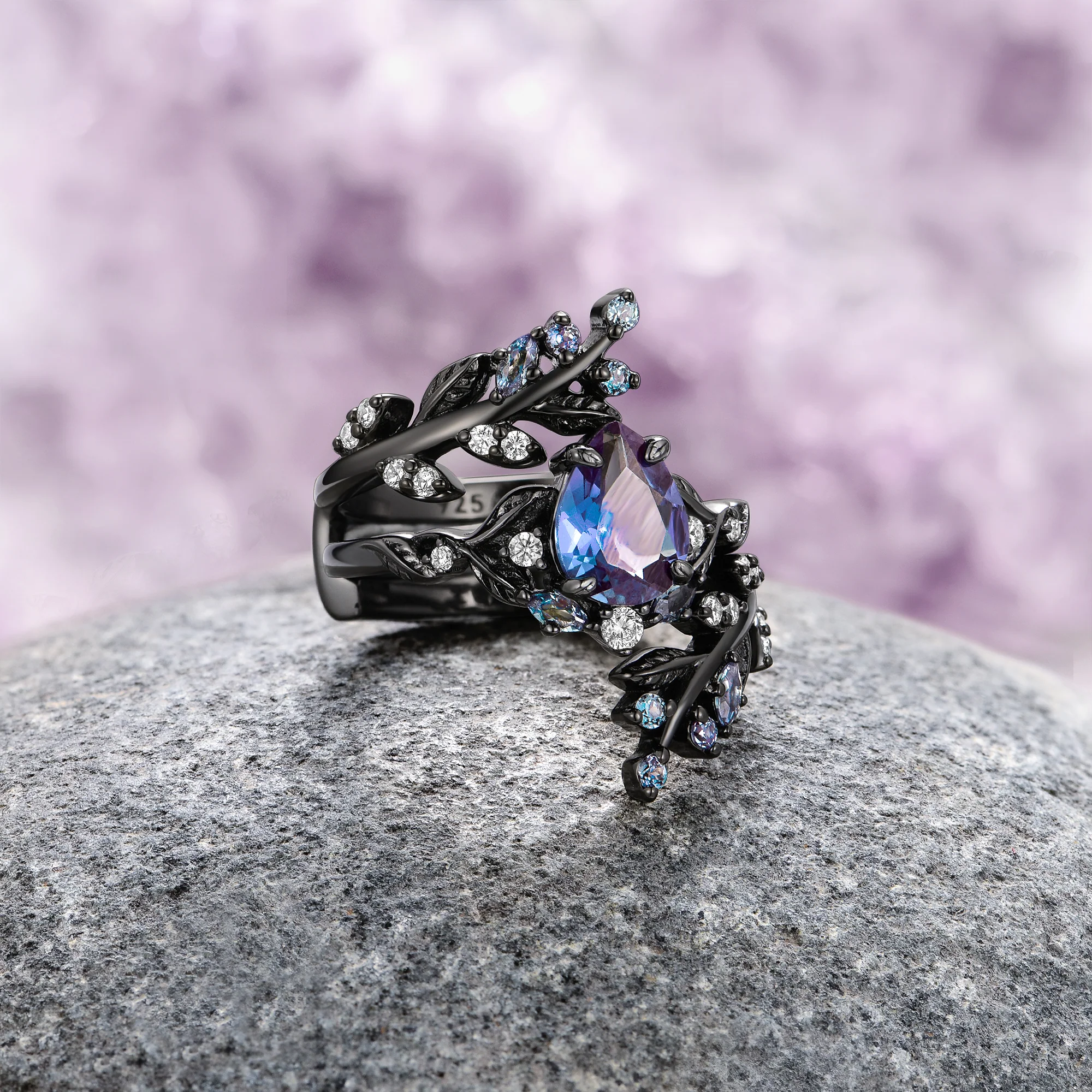 Wisteria Alexandrite Fairy Leaf Ring in Black Ruthenium (Two Piece) - Image 2