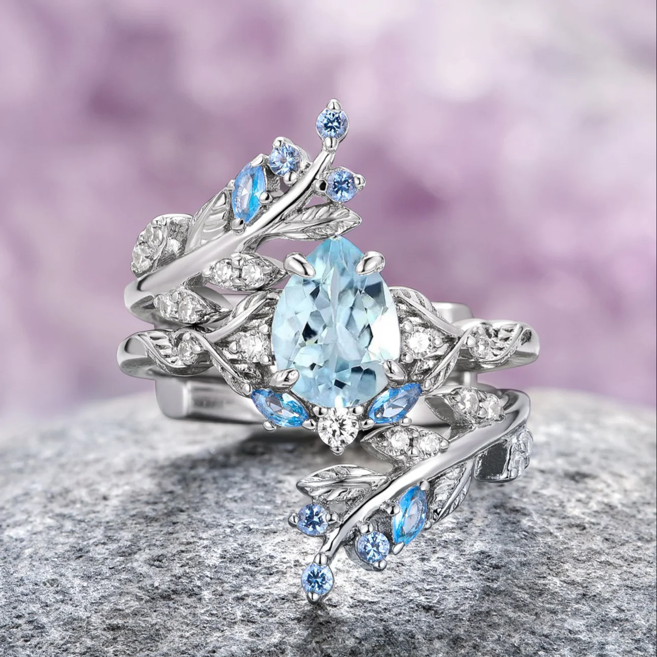 Wisteria Aquamarine Fairy Leaf Ring in Sterling Silver (Two Piece)