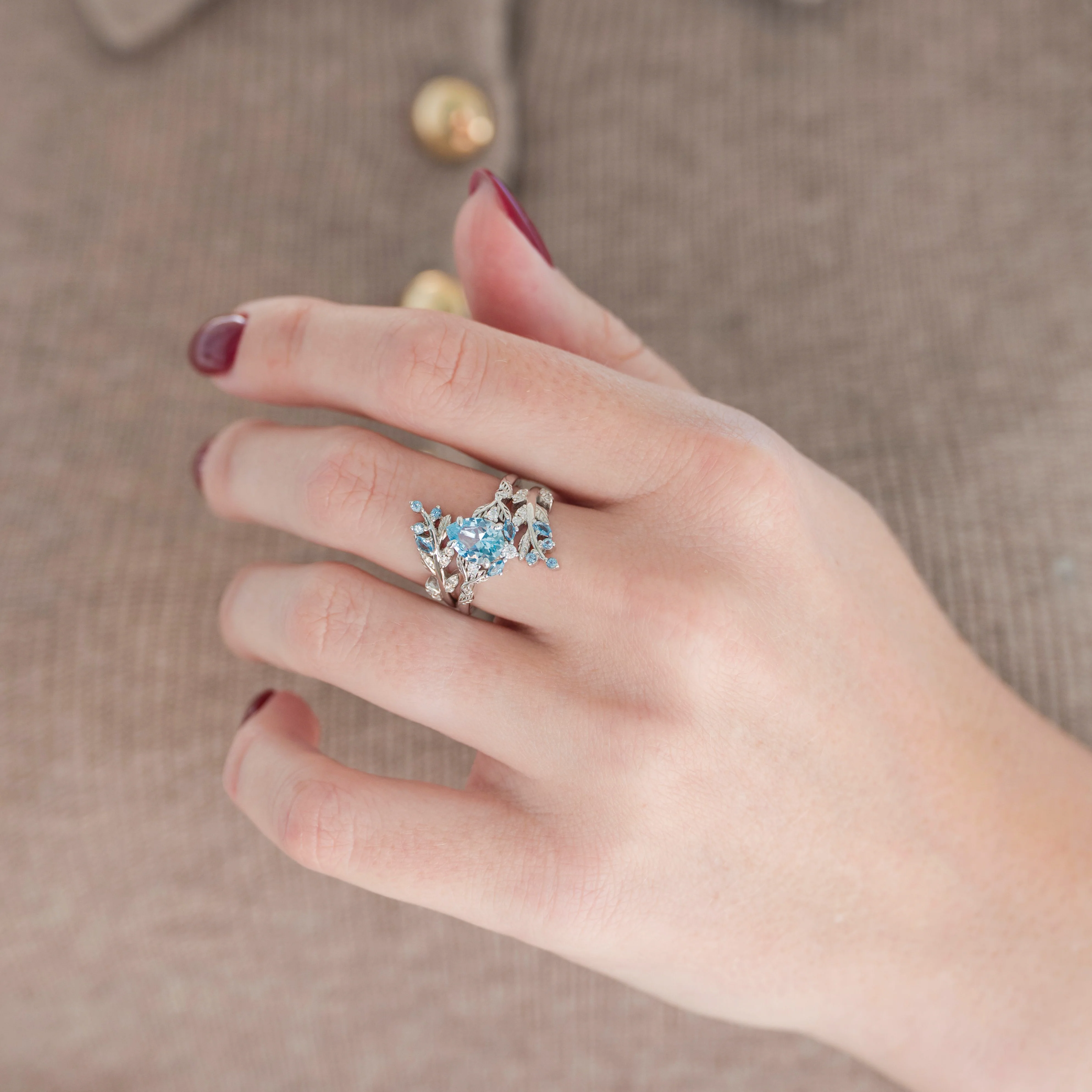 Wisteria Aquamarine Fairy Leaf Ring in Sterling Silver (Two Piece) - Image 2