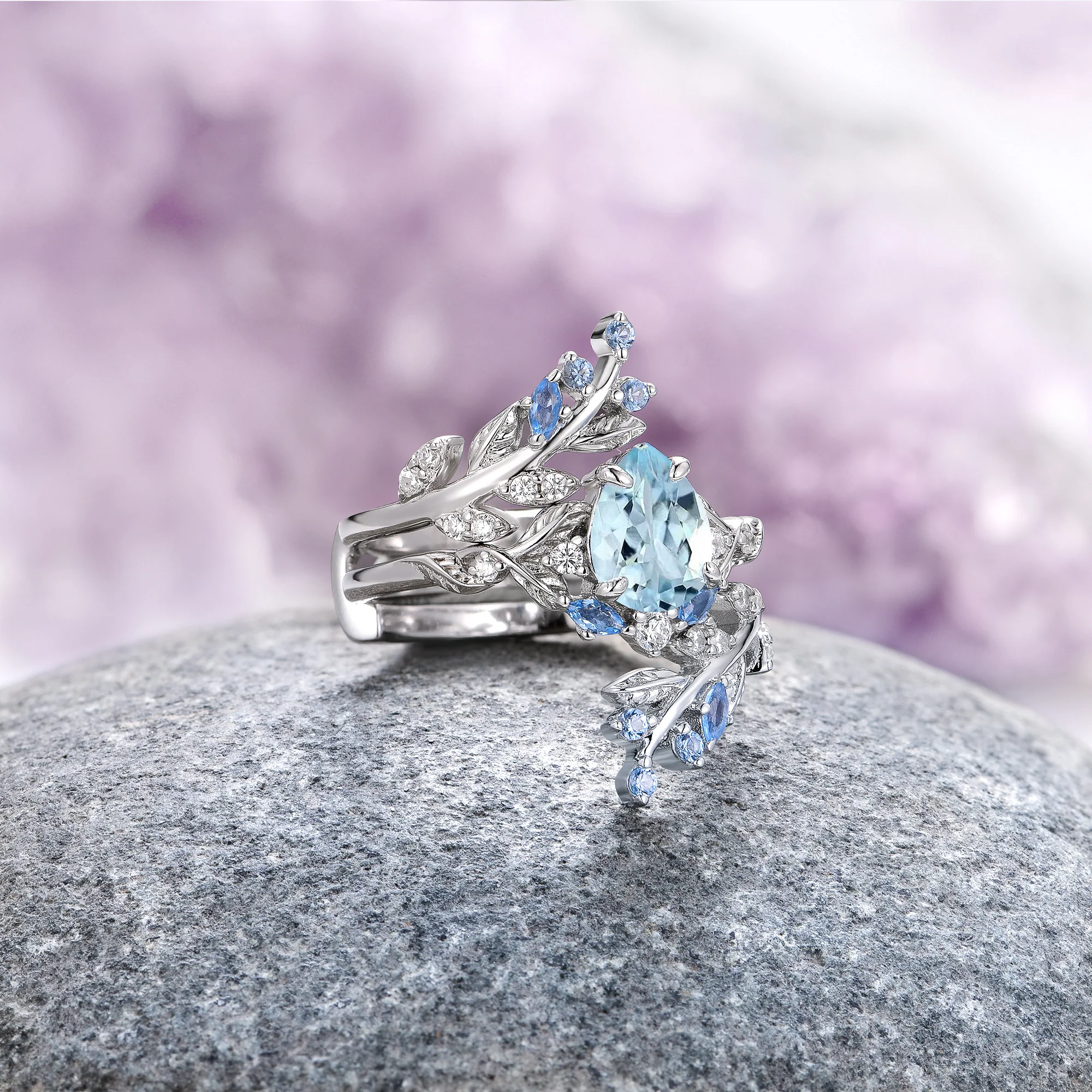 Wisteria Aquamarine Fairy Leaf Ring in Sterling Silver (Two Piece) - Image 3