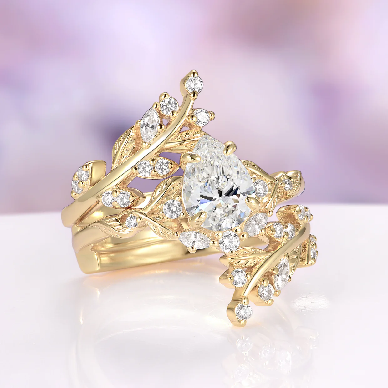 Wisteria Leaf Moissanite Engagement Ring Set in Solid 14K Yellow Gold - Image 2