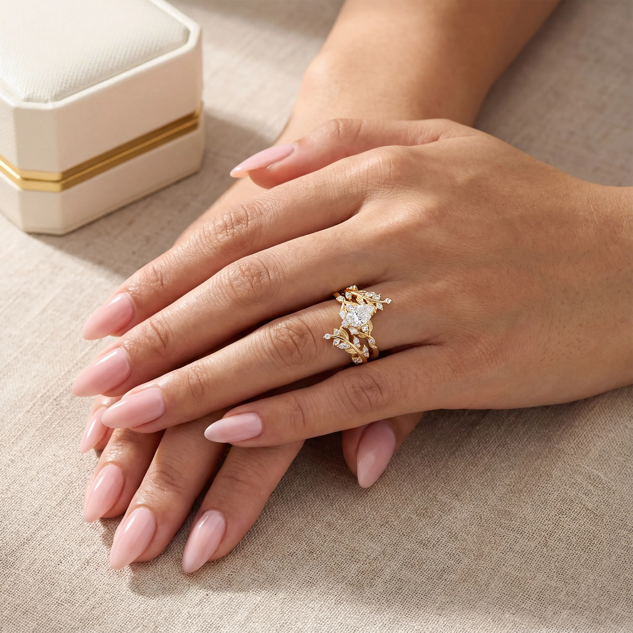 Wisteria Leaf Moissanite Engagement Ring Set in Solid 14K Yellow Gold - Image 3